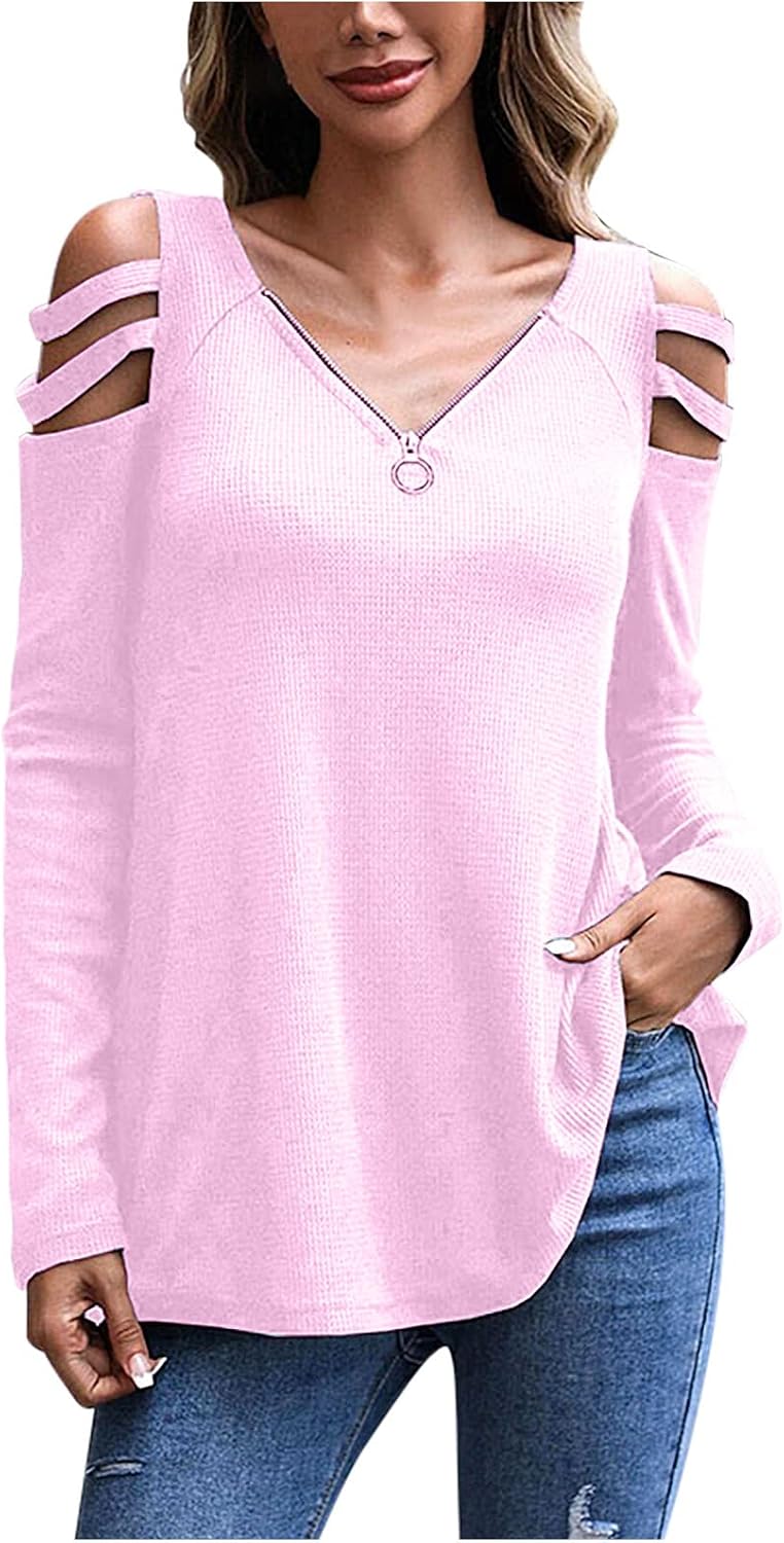 Women's Waffle Knit Tunic Tops Plus Size,Cold Shoulder Long Sleeve Loose Blouse Shirts Lightweight Sweater Pullover