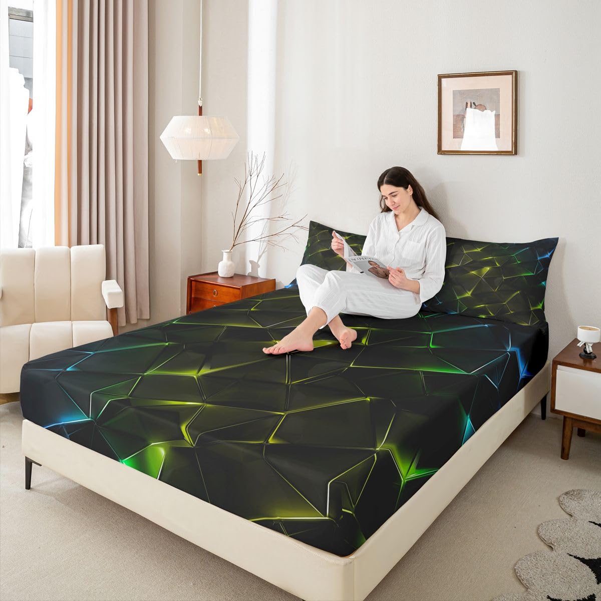 Homewish Geometryczne Crack Prześcieradła King Ombre Rock Wzór Żółte Dopasowane Prześcieradło Gradient Abstrakcyjne Linie Zestaw Pościeli, Nowoczesna Linia Świecąca Narzuta Na Łóżko 3 Szt