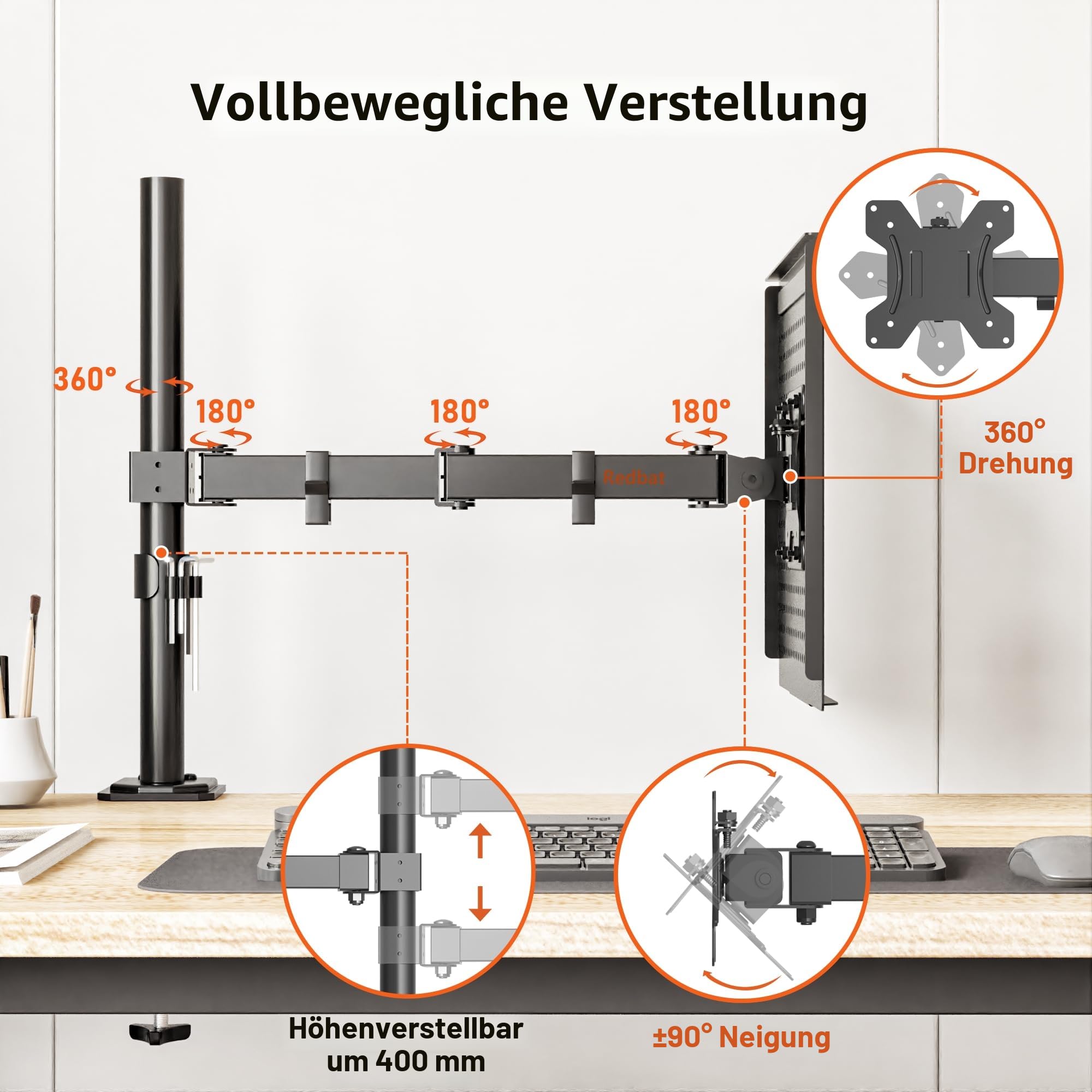 Redbat Monitorarm mit belüfteter Laptopablage, voll einstellbar für 13 bis 32 Zoll LCD LED Bildschirm & bis zu 16 Zoll Notebook, 2 Befestigungsmöglichkeiten, Neigen, Schwenken & Drehen