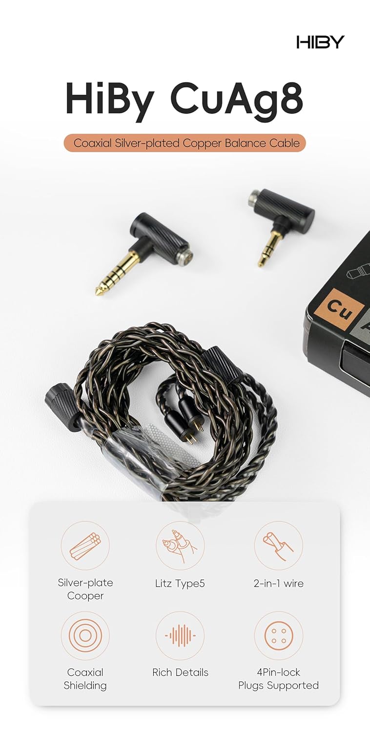 HiBy CuAg8 Balance Earphone Cable Coaxial Silver-Plated Copper Litz Type5 Coaxial Shielding 4Pin-Lock Plugs 3.5mm+4.4mm Jack