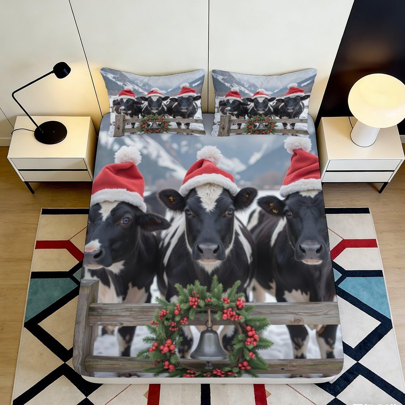 3D Printed Christmas Cow Fitted Sheet Microfiber Soft Durable Winter Wreath Bed Cover for Bedroom Dormitory Guest Room Mattress Protection 140x200x25cm