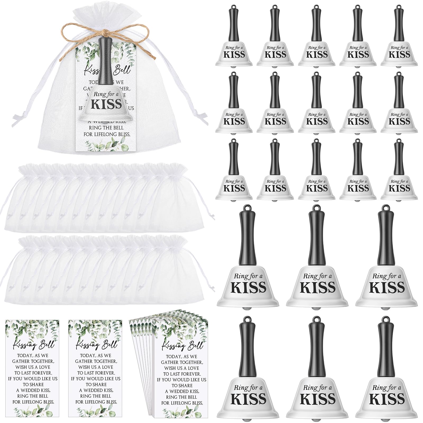 Lounsweer 30 Sets Wedding Kissing Bells Bulk Wedding Party Favors for Guests Ring for a Kiss Bells with Greenery Card Organza Bag Jute Rope Mini Bells for Wedding Reception Favor Goody Bag Supplies