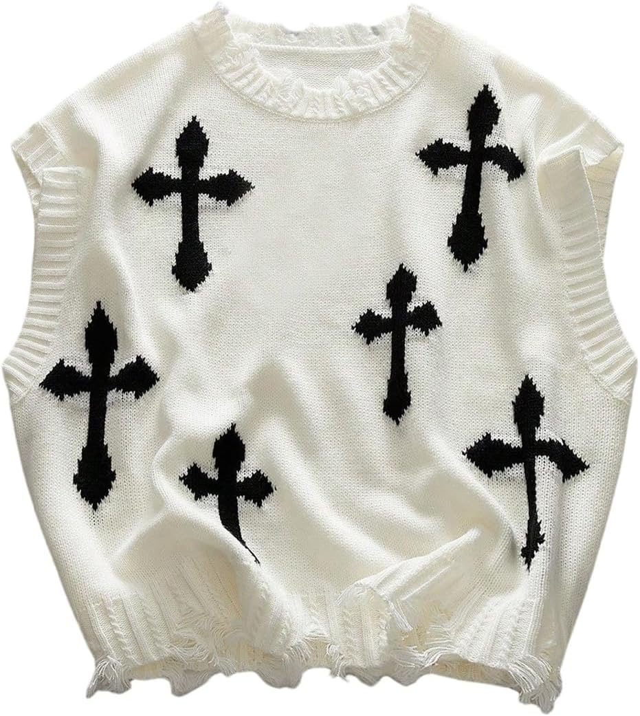 Men's Cross Print Sweater Vests Y2k Ripped Crew Neck Sleeveless Casual Knit Tops Streetwear