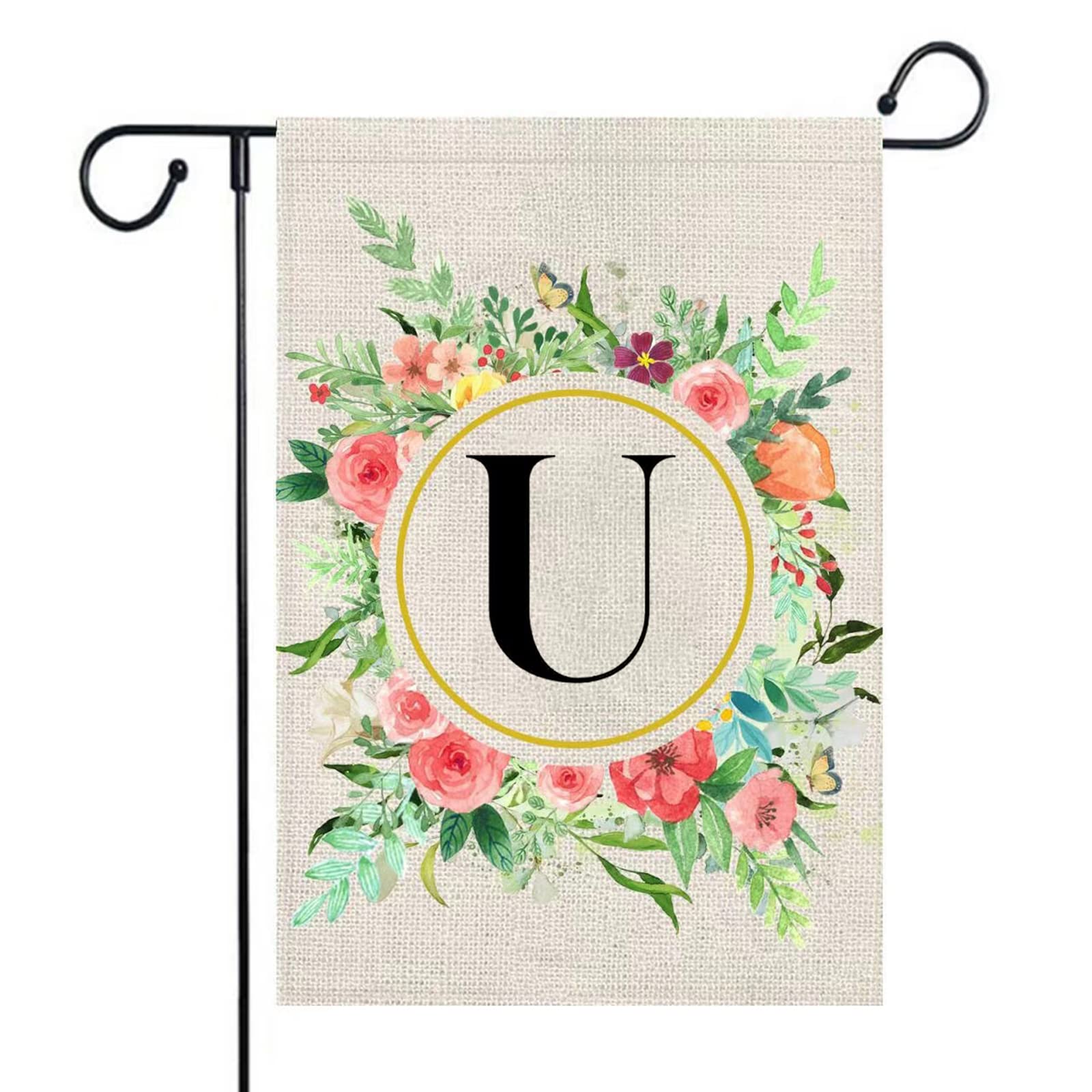 mflagperft Monogram Letter U Summer Welcome Garden Flags 12x18 Double Sided Burlap Initial Family Last Name Small Yard Flag Floral for Outside Decorations Personalized Wreath Outdoor Signs Decor (Letter U)