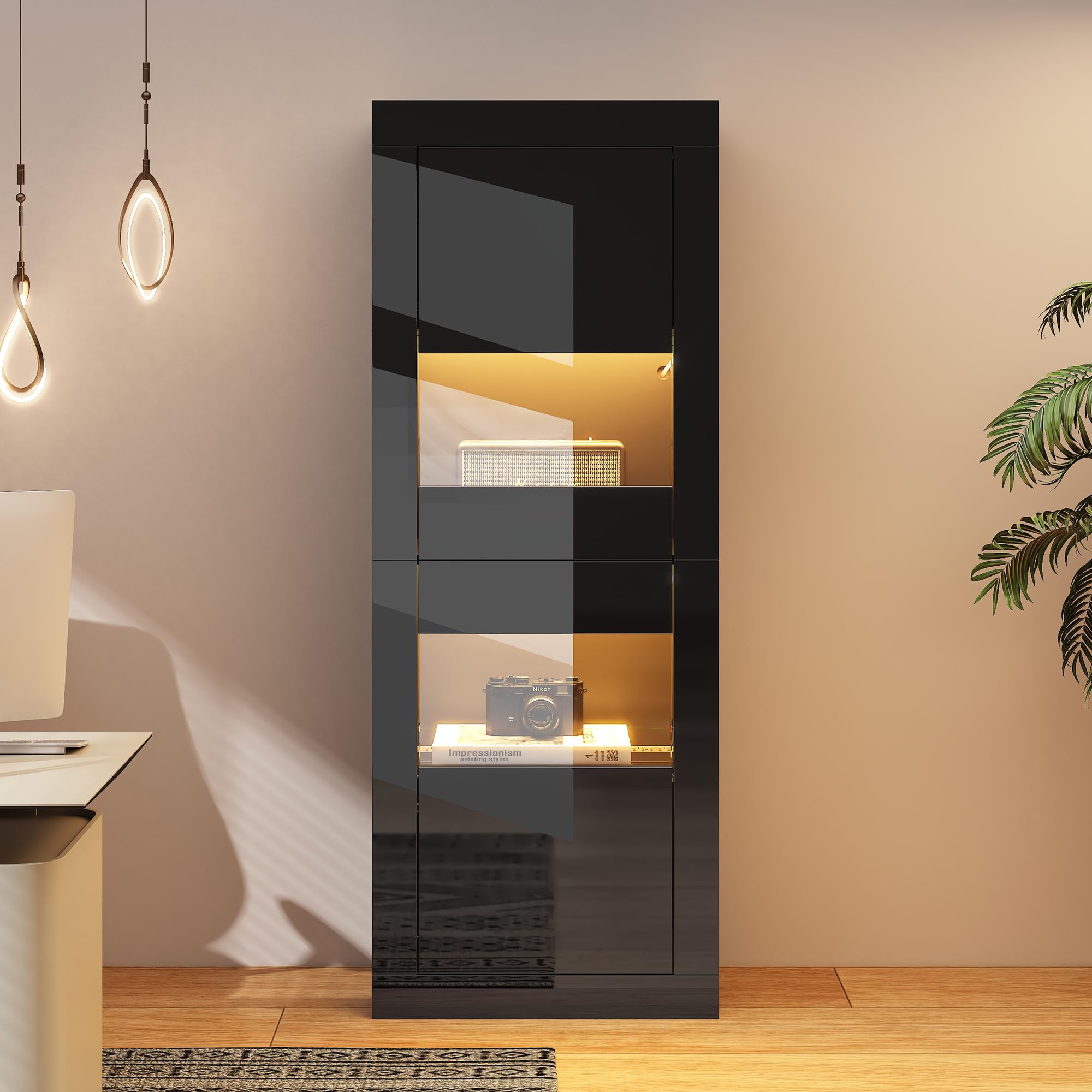 Vitrina negra brillante con iluminación LED, 1 estante de cristal, 61 x 42 x 162 cm, vitrina independiente, armario alto, armario de almacenamiento