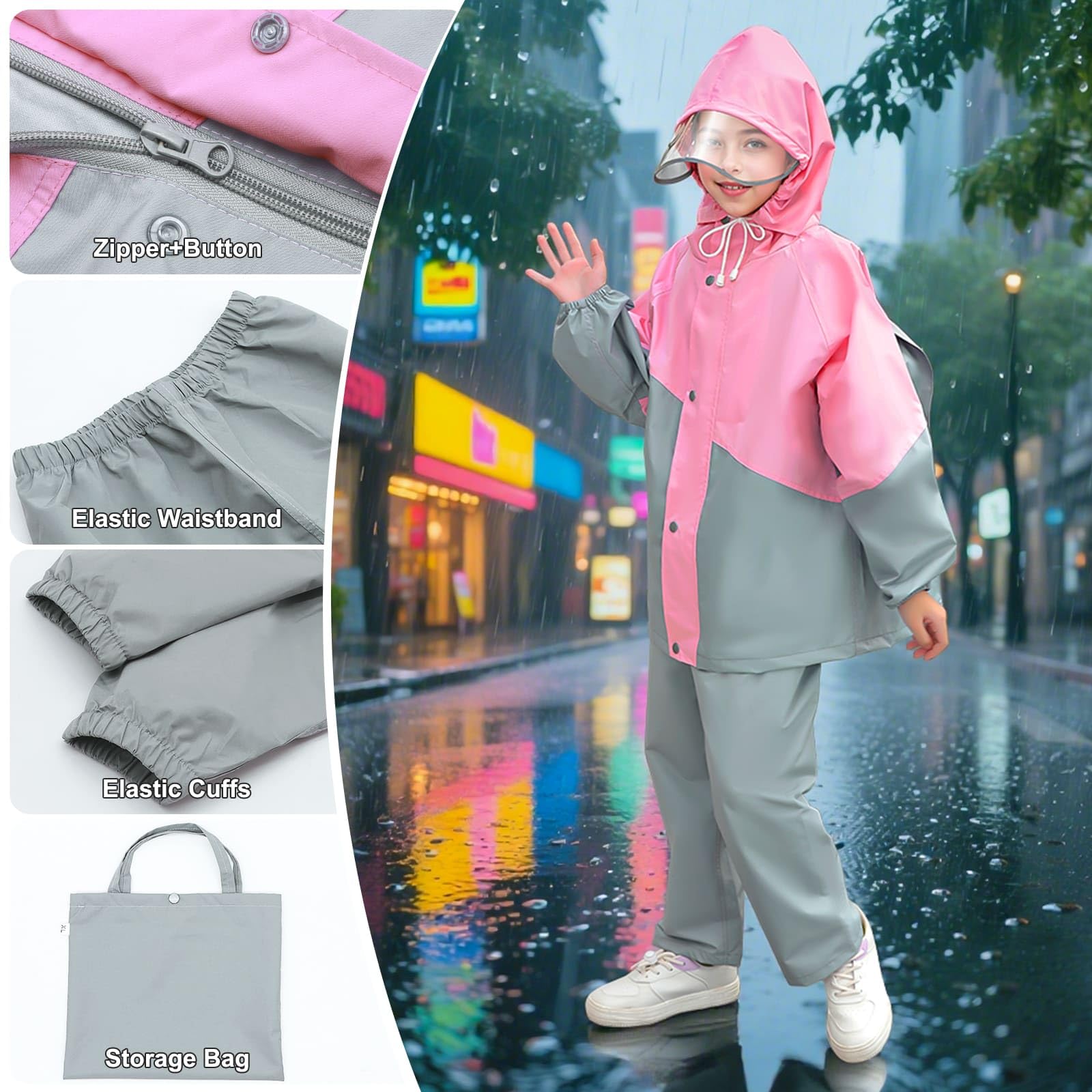 JinBei Kinder Regenanzug Mädchen Jungen Regenkleidung Leicht Zweiteiliger Anzug Unisex Wasserdicht Winddicht Regenjacke und Regenhose Transparenter Krempe Regenset mit Reflektor 8-14 Jahre