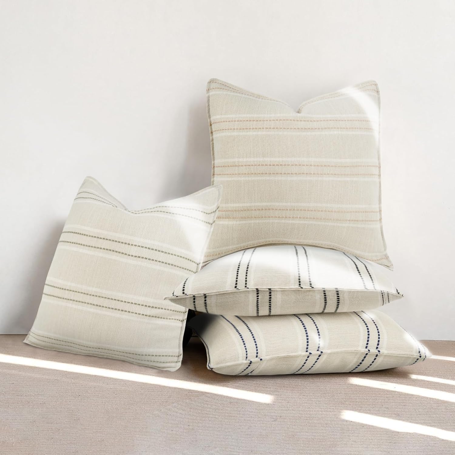 18X18 Decorative Farmhouse Linen Throw Pillow Covers, Boho Textured Pillow Case Set of 2 ,Beige with White & Black Stitch Yarn Dyed Stripe Cushion Cover ,Modern Accent Square Pillowcase for Sofa Couch - Image 7