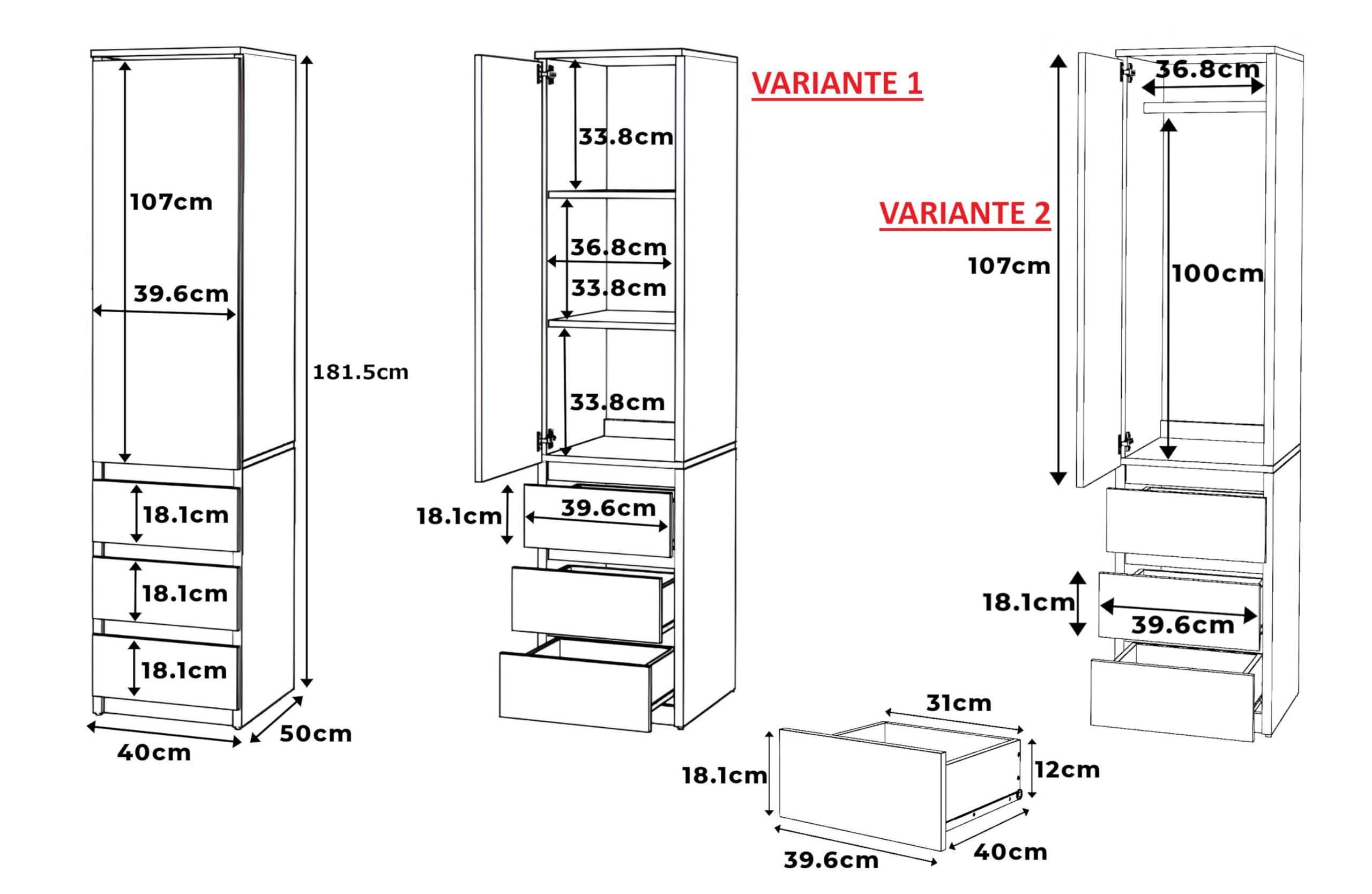 ELVA Kleiderschrank 40 cm breit – Modularer Mehrzweckschrank Anthrazit / Wotan Eiche – Grifflos Design Hochschrank mit Schubladen & Türen – Schmaler Vorratsschrank für Schlafzimmer, Flur & Büro
