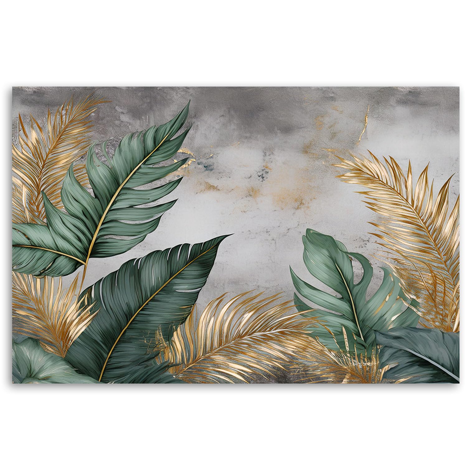 Feeby Viles - Leinwand Bilder - Goldene und Grüne Blätter - 120x80 cm - Deko Wohnzimmer - Wandbilder Schlafzimmer - Deko Aesthetic - Wand Deko - Leinwand Groß - Deko Zimmer - Leinwandbilder XXL