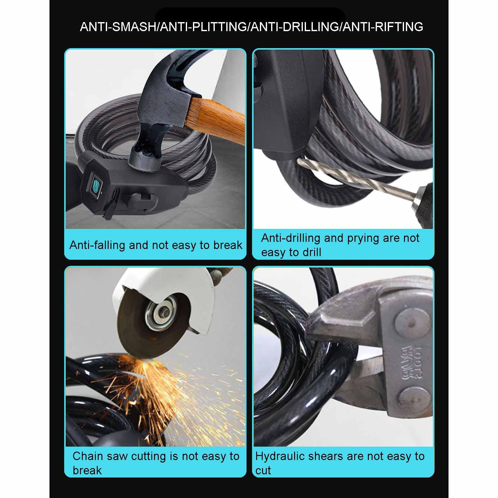 Lucchetto per Bicicletta con Impronta Digitale Intelligente - Supporta 10 Set di Impronte Digitali / 3 Metodi di Sblocco/Ricarica USB - Lucchetto Antifurto in Acciaio da 1,2 Metri,Black
