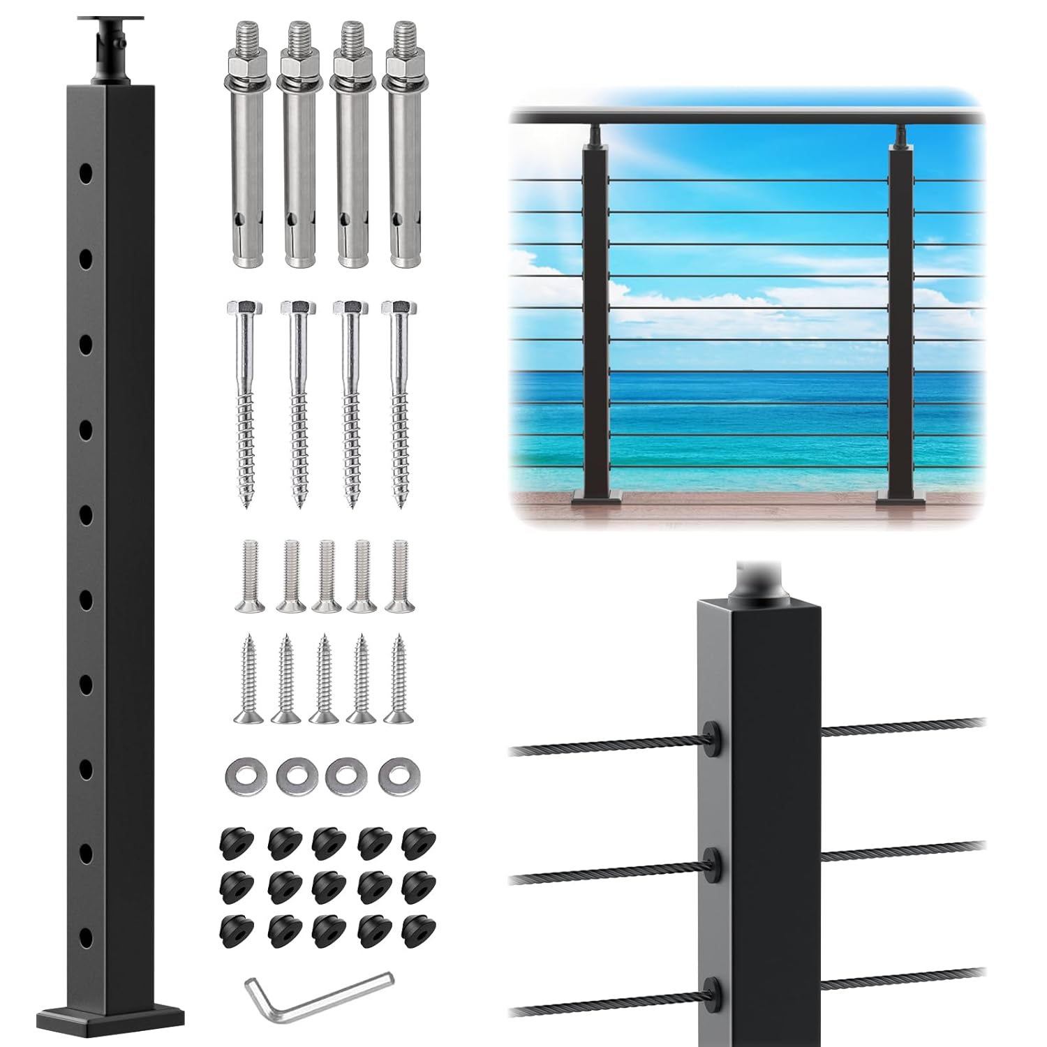 CKE 2 Pack Level Drilled Cable Railing Post 36"x2"x2" Adjustable Top Stainless Steel Black Finish Wood Concrete Level Deck, Deck Stair Railing Post with Cable Grommets, LP01