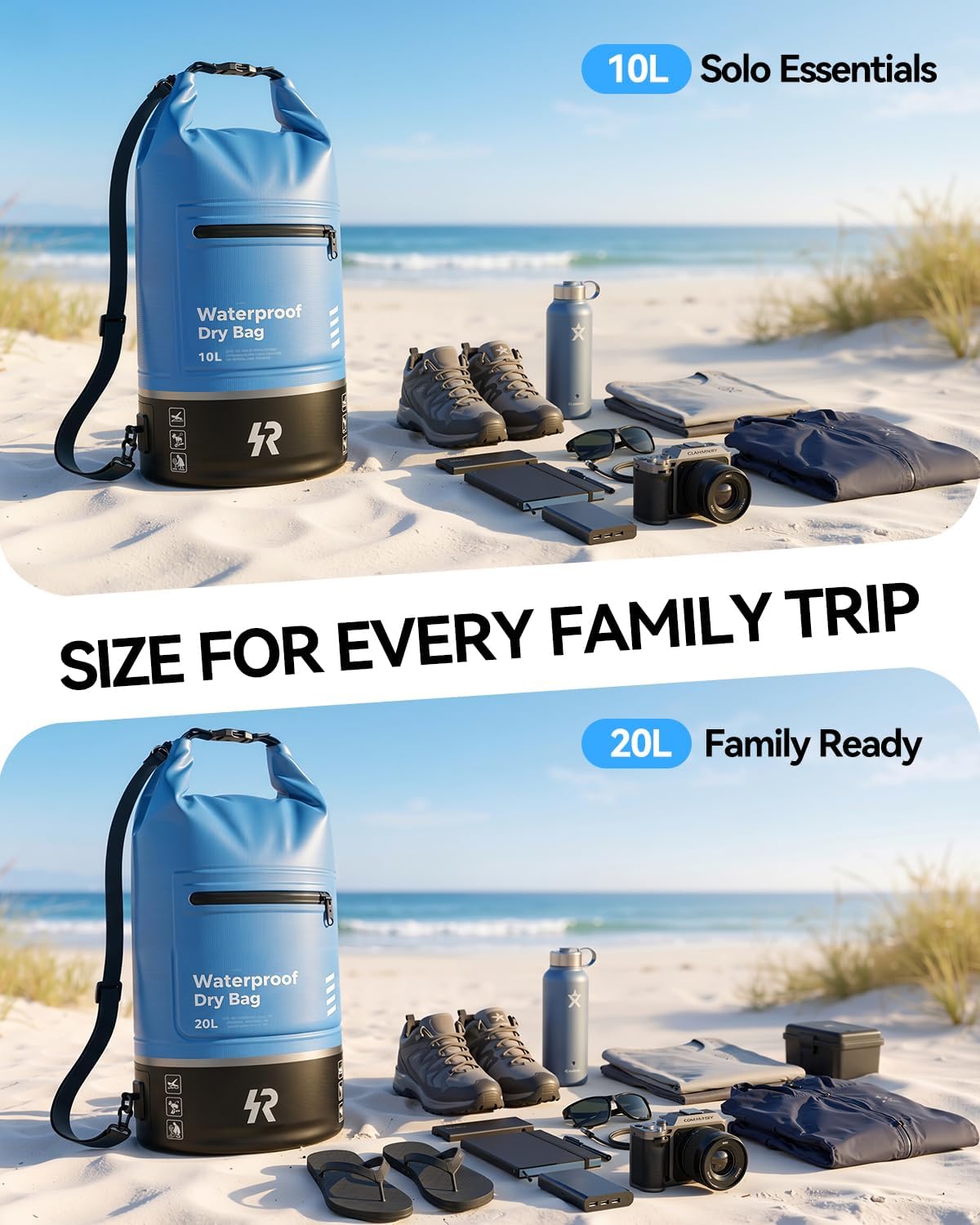 Rorhxia 20L Waterproof Dry Bag, [Upgraded Waterproof & Tearproof] with Bonus Phone Waterproof Case, Roll Top Floating Waterproof Storage Bag for Kayaking, Beach, Fishing, Gym, Camping Outdoor