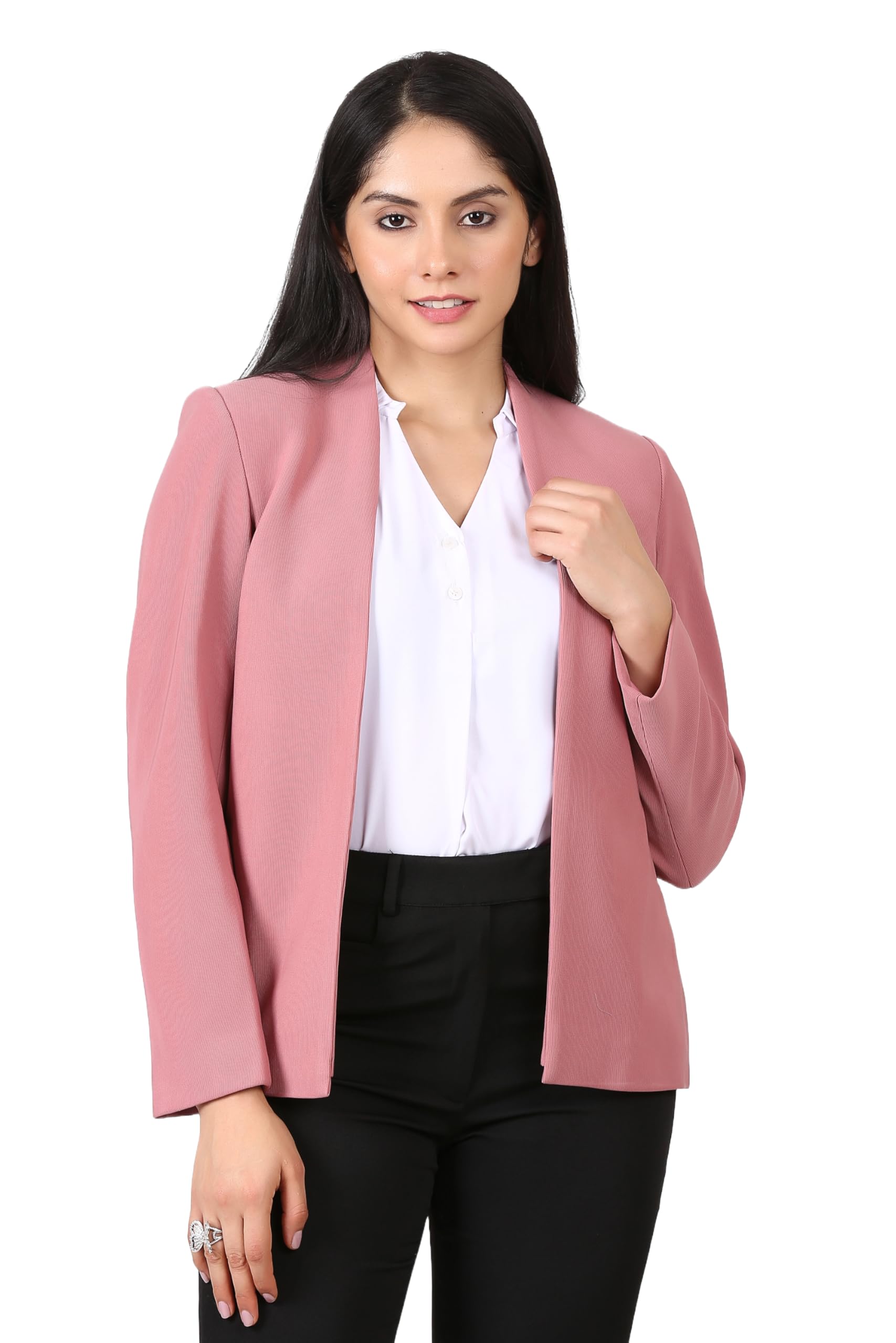Women's Dusty Pink Knit Blazer – Stylish Notch Lapel, Polyester Spandex, Comfortable Premium Fabric-image-3