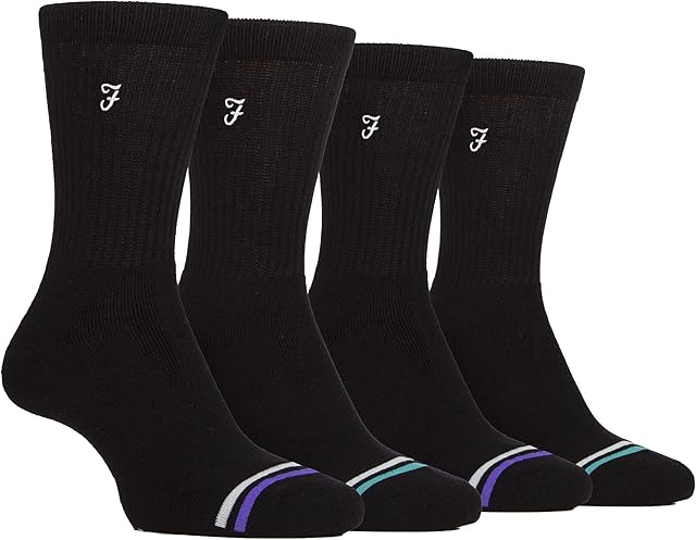 Farah Mens Bamboo Sport Socks in Black & White 4 Pack | Diabetic Friendly Sport Socks with Smooth Toe Seam & Loose Top | Tennis Gym Running Socks