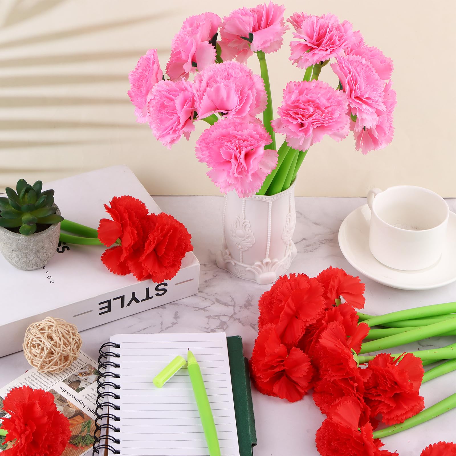 28 bolígrafos de flores artificiales con forma de clavel, bolígrafos de tinta de gel negra de 0.5 mm, bolígrafos de tinta de gel para el día de San Valentín, bolígrafos de tinta de gel para niñas y