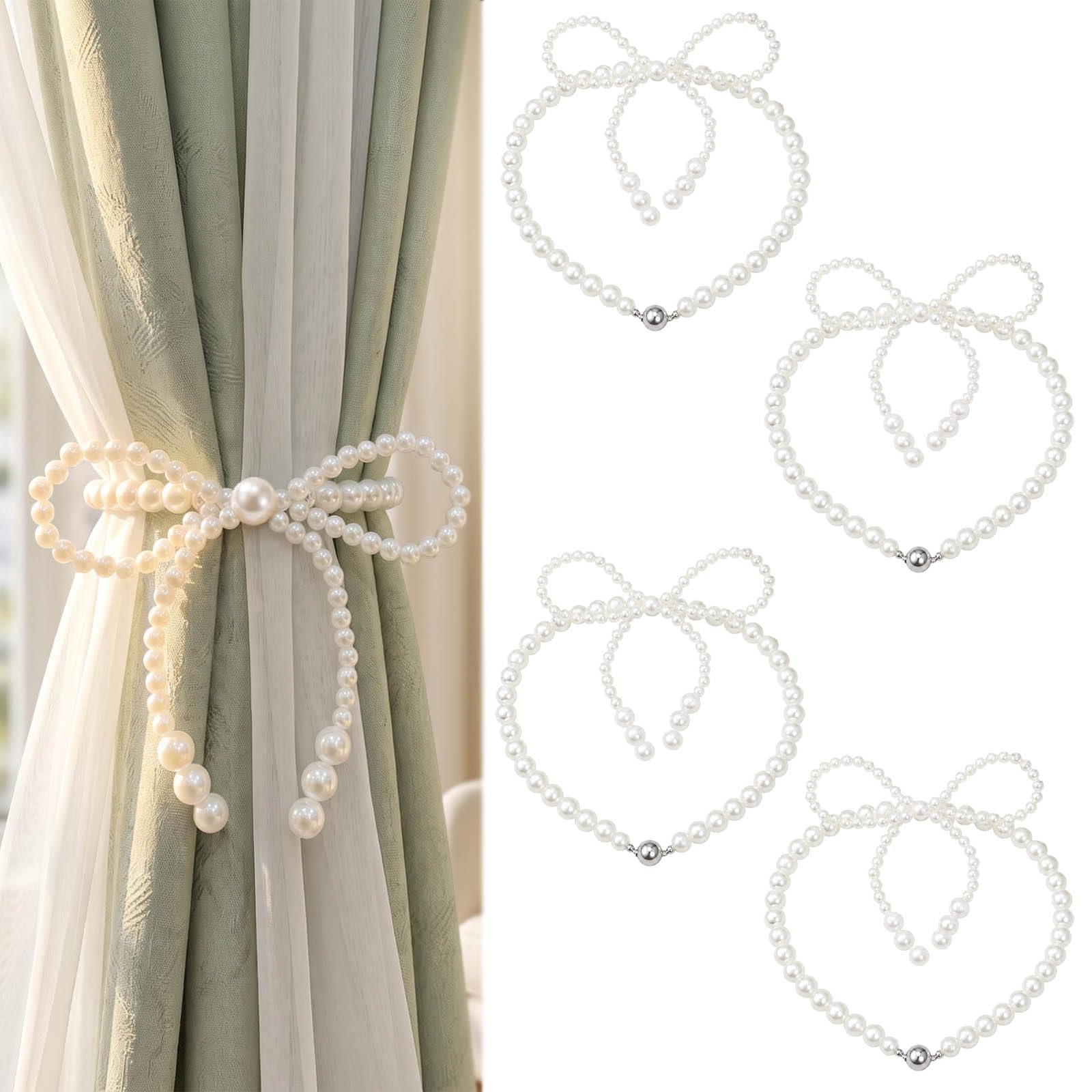 4-Piece Magnetic Tie Backs for Curtains with Faux Pearl Design