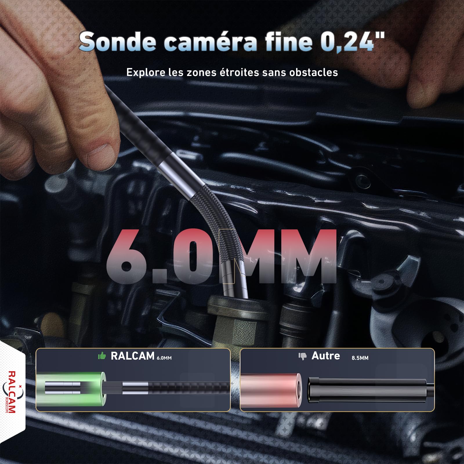 Ralcam Caméra Endoscopique avec Lumière, Endoscope 360°, Écran 5" HD, 1280×720, IP67, Caméra Inspection Canalisation Voiture (6,2 mm Sonde/ 1,5M Semi-Rigide)