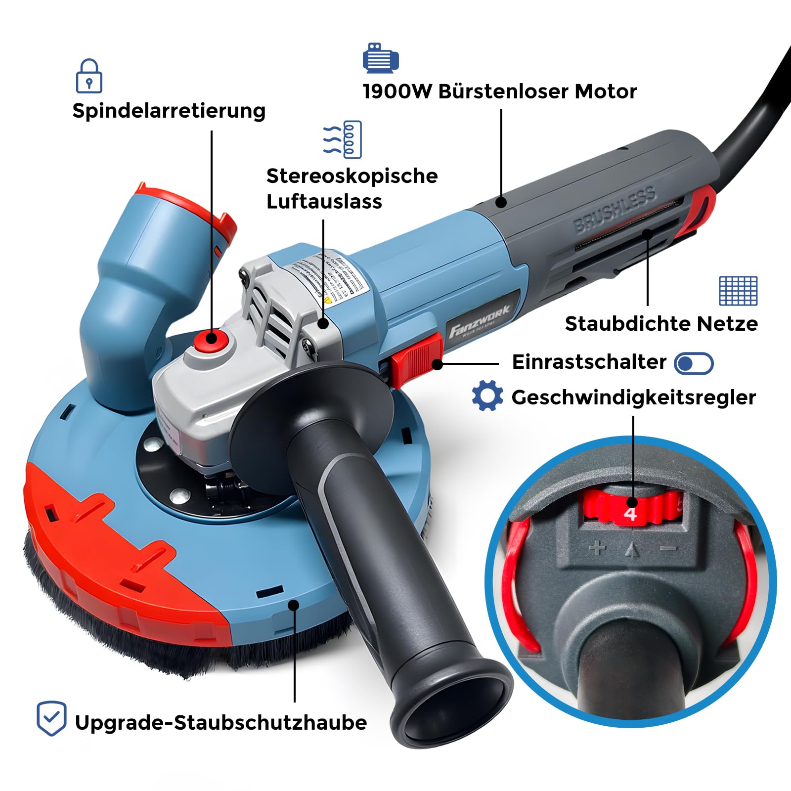 FANZWORK 1900W(MAX) Betonschleifer Winkelschleifer Set mit Bürstenloser EC-Motor, Betonfräse mit 125mm Diamantschleiftopf *1, Absaughaube *1, Tragbox *1, Präzises & Wartungsfreies Schleifen
