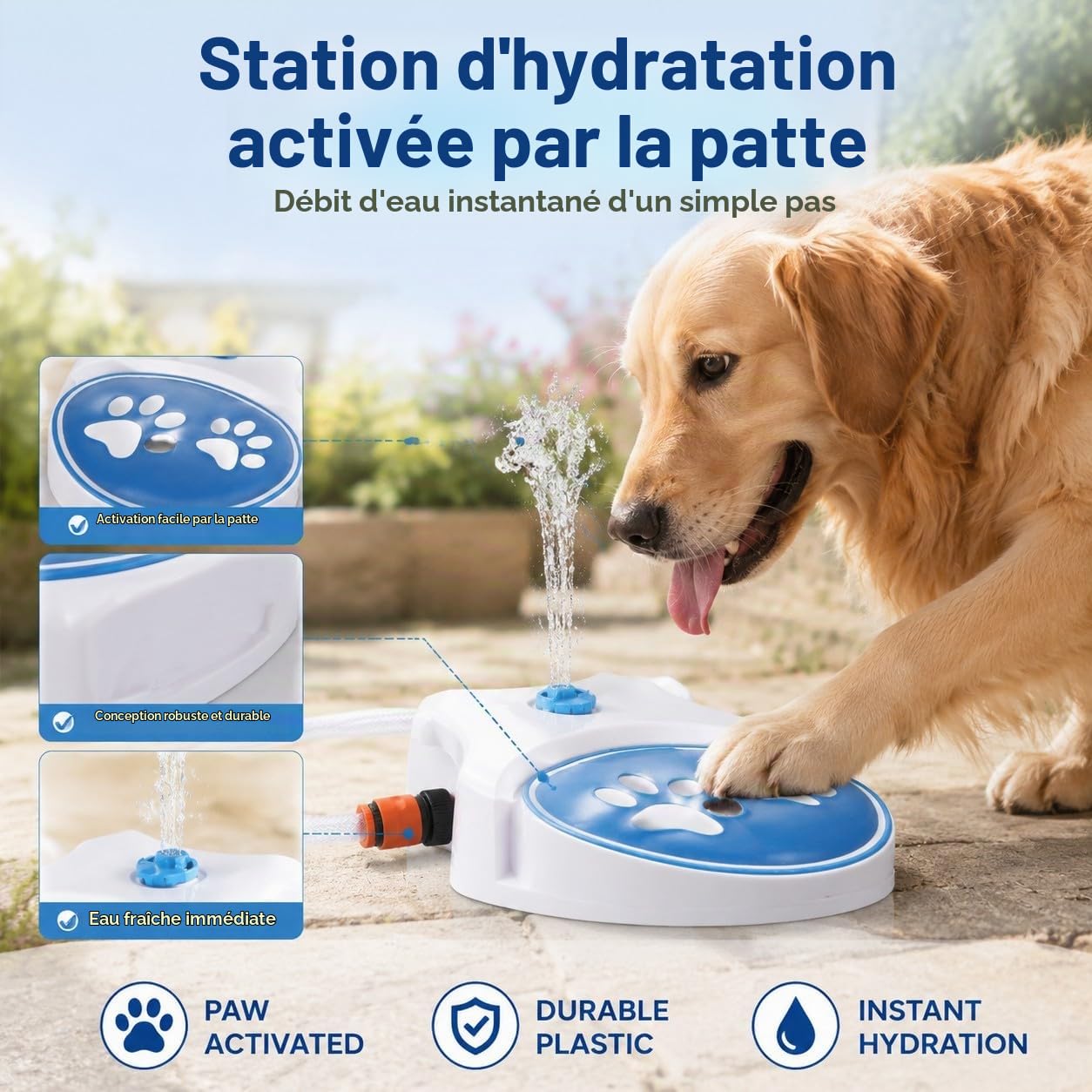 Fontaine à Eau pour Chien Extérieur, Arroseur pour Chien Activé par la Patte, Distributeur d’Eau avec Tuyau, Jet d’Eau Rafraîchissant pour Jardin, Jeu d’Eau pour Chien