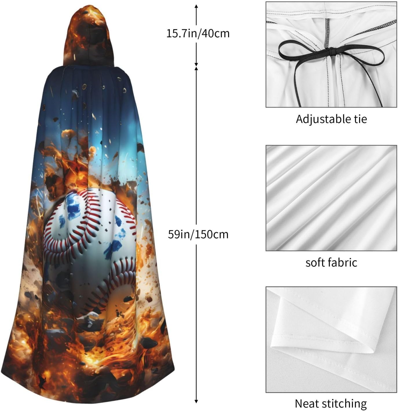 Unisex Full Length Hooded Halloween Christmas Party Robe Cloak Cape Cosplay Costume Men Women Hot Baseball Prints Black