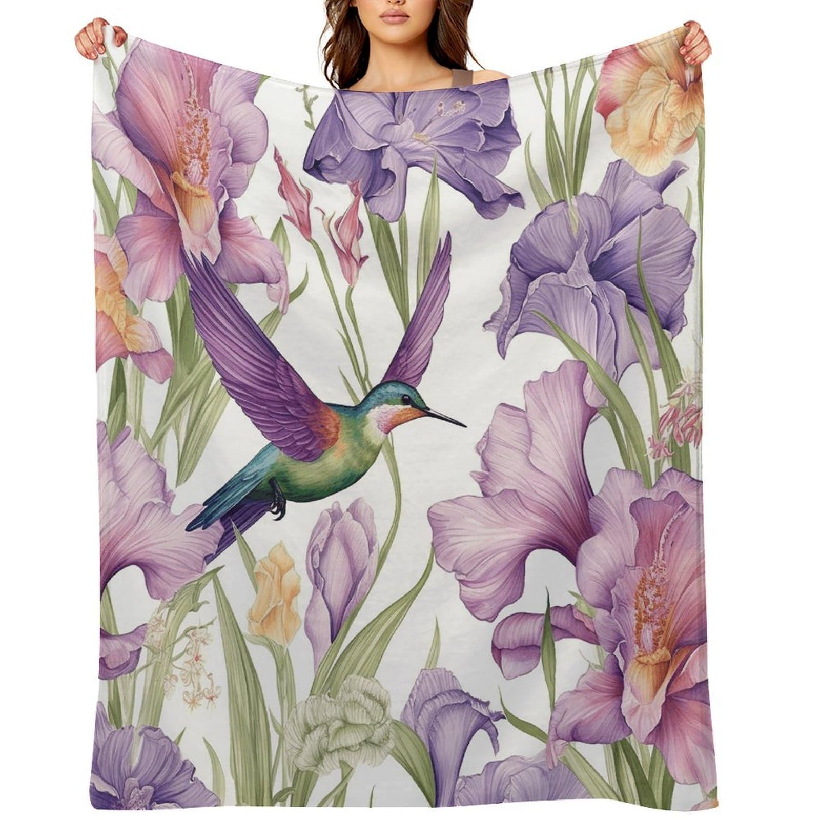 Hummingbirds Irises Flowers Throw Blanket for Couch and Bed Super Soft Warm Lightweight Throw Blankets Cozy Fuzzy Flannel Blanket Personalized Decorative Blankets for Sofa Decor 50"x60"