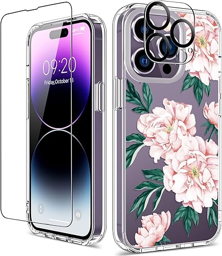 Miniatura 31 de GiiKa Funda rígida para iPhone 14 con protector de pantalla, 6.1 pulgadas, transparente, a prueba de golpes, diseño floral rosa, para niñas y Small