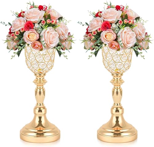 2pcs Elegant Crystal Trumpet Metal Centerpiece Vases, Wedding Table Decoration Flower Stand Tulip Shape Decor Artificial Flower Arrangement Vase for Wedding Restaurant Vase Home Decor (Gold)