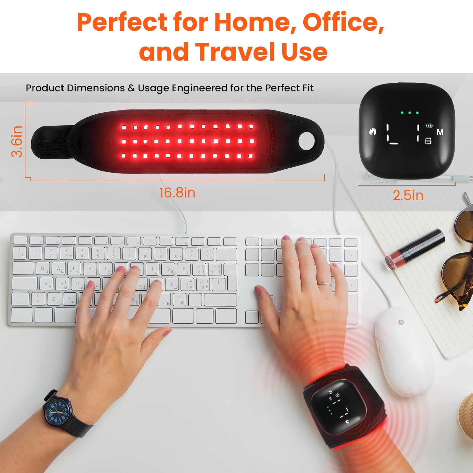 Keneo Pulsera de terapia de luz roja para mano y muñeca, dispositivo de luz infrarroja cercana de 660 nm y 850 nm, 3 ajustes de masaje de calor y vibración, 2000 mAh inalámbrico, 36 LED para mayor