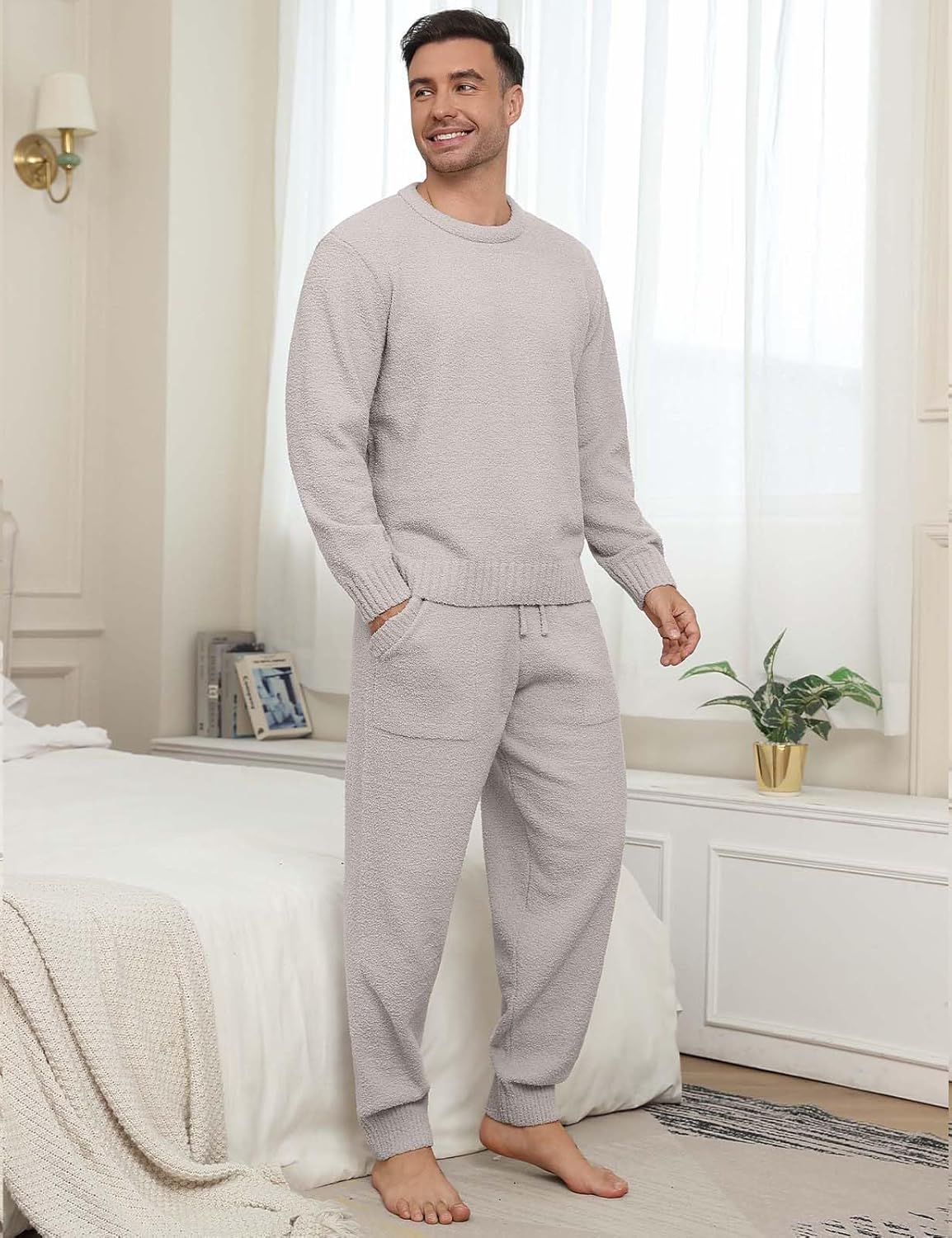 Mens Winter Pajamas Set Soft Warm Round Collar Long Sleeve Sleepwear Comfy Loungewear Pjs with Pockets - Image 3