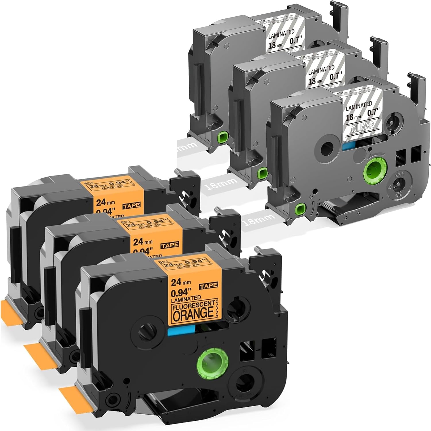 Label KINGDOM Compatible with Brother P-Touch Label Maker Tape Replacement for 3-Pack TZe-B51 24mm Black on Fluorescent Orange Laminated Tape and 3-Pack TZe-145 18mm White on Clear Laminated Tape for