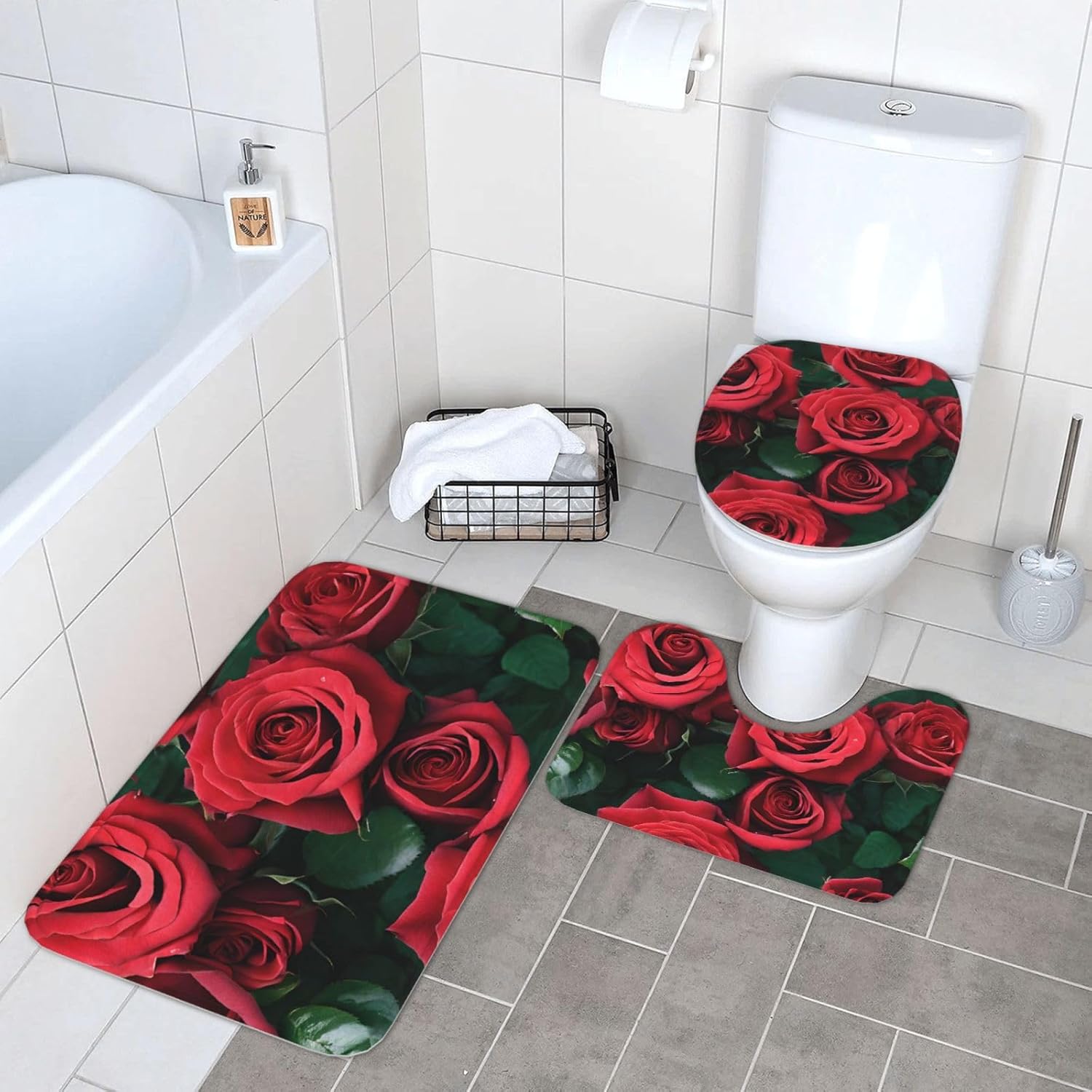 (Red Rose) 3 Piece Bathroom Rug Set Non-Slip Absorbent Bath Mats with U-Shaped Contour Mat Lid Cover for Bathroom Floor