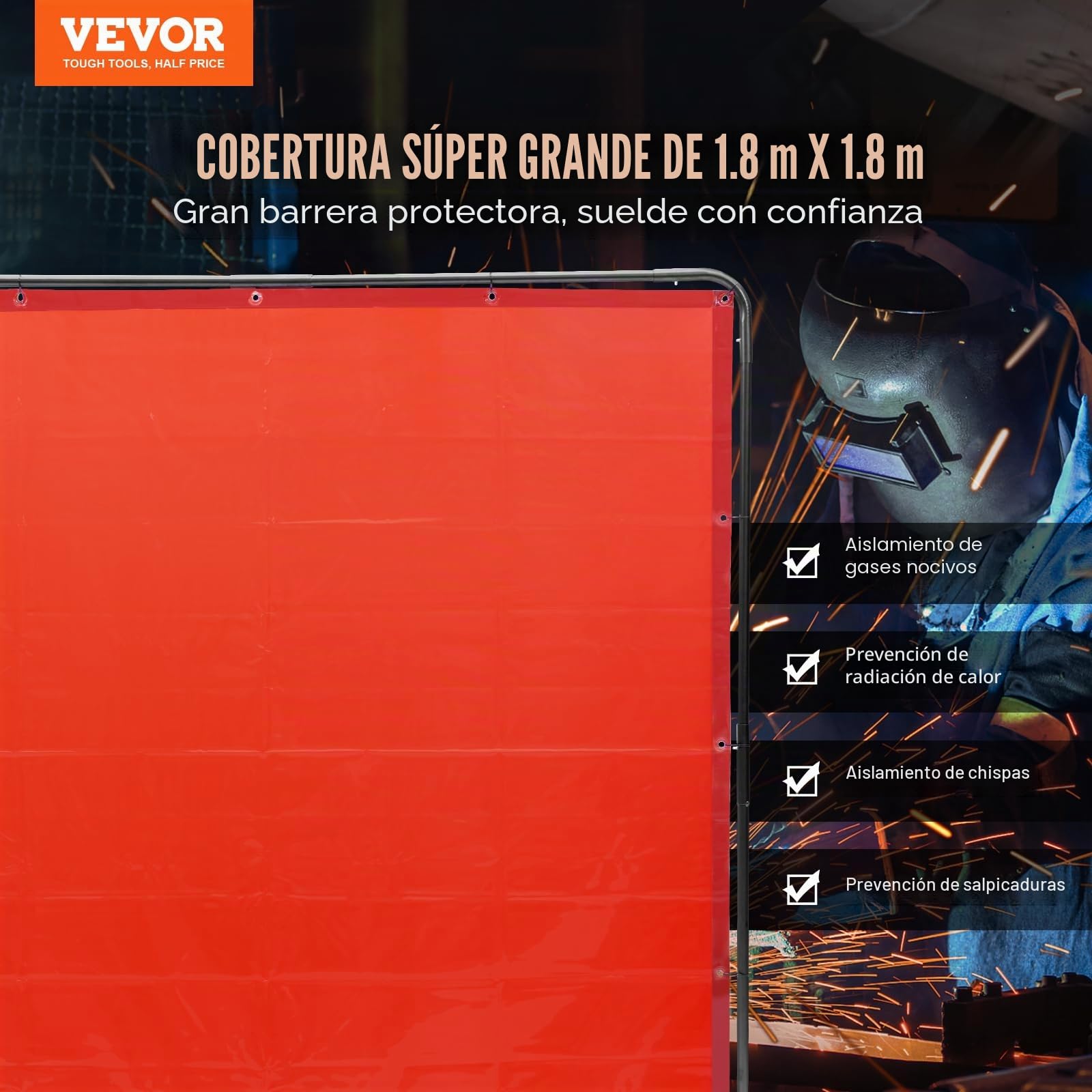VEVOR Cortina de Soldadura con Marco, 1,8x1,8 m Pantalla de Protección de Soldadura de Vinilo Ignífugo con 4 Ruedas Giratorias 2 Bloqueables, Cortina Móvil Profesional para Taller, Industria, Rojo