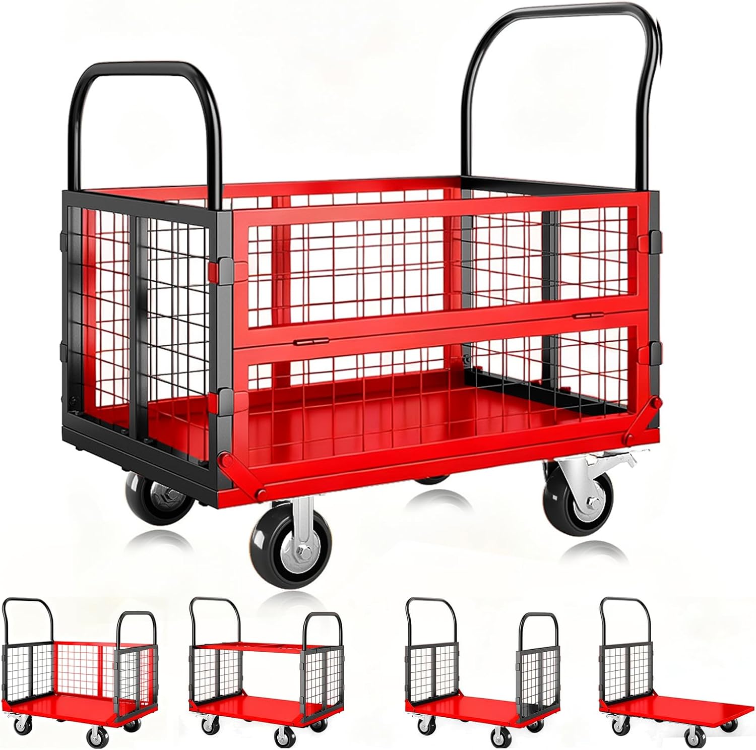 6 in 1 Foldable Platform Truck Cart with Cage, 1800Lbs Capacity Heavy Duty Push Cart Dolly, Moving Flatbed Hand Truck Dolly Cart Multipurpose for Grocery, Laundry, Garage, Warehouse, Black and Red