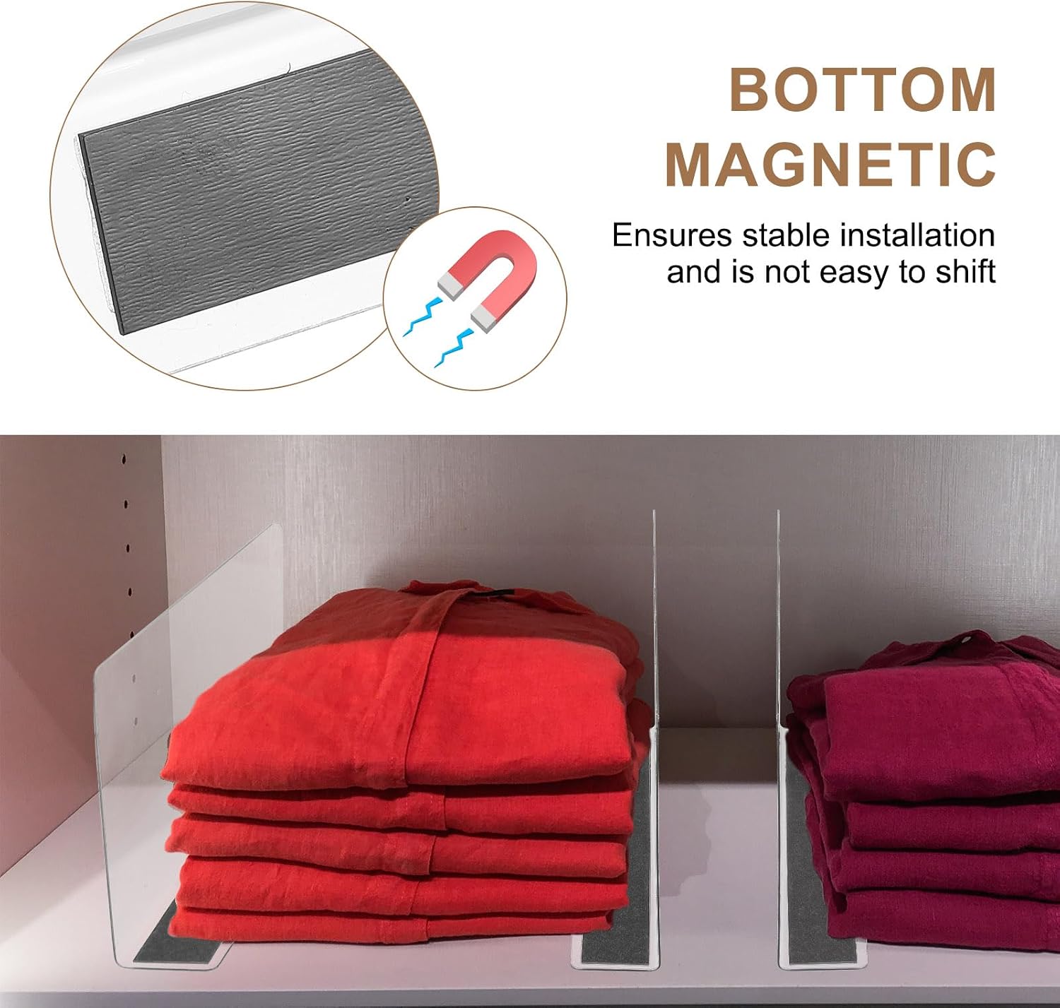 MECCANIXITY Shelf Dividers Plastic Closet Shelf Organizer Divider with Magnetic, 7.9"x2.4" Separator Clapboard for Supermarket Storage Kitchen Office (Clear, 6 Pcs)