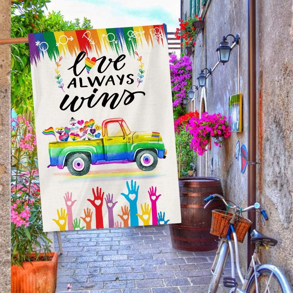 Bonsai Tree Pride Flags 28x40 Double Sided, Gay Rainbow Burlap Garden Flag, Love Always Wins Lgbt Symbols on Truck Large House Flags Outdoor Signs Banners Decorations for Home
