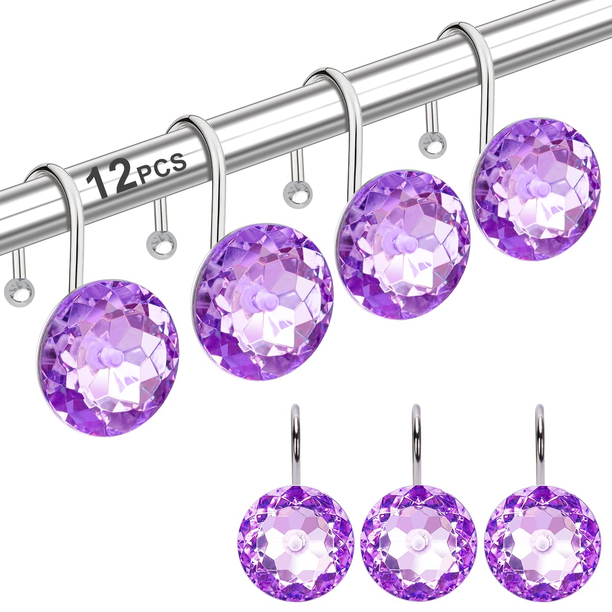 12PCS Shower Curtain Hooks Rings for Bathroom, Stainless Steel Rust Resistant Decorative Rhinestones Shower Curtain Rings Hangers for Shower Curtains, Clothing, Towels, etc. — image 1