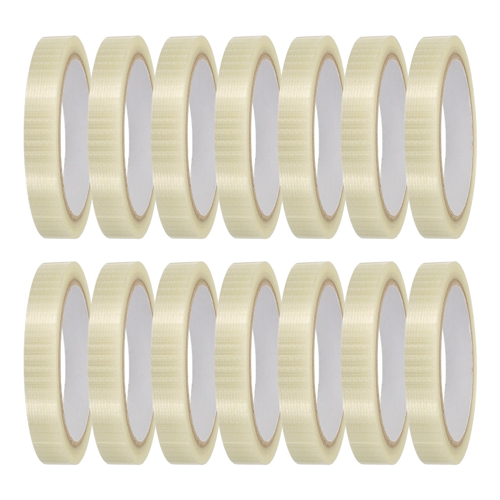 sourcing map 14 Rolls Filament Strapping Tape, 15 mm x 20 m x 0.15 mm Heavy Duty Fiberglass Mesh Reinforced Packaging Clear Waterproof Adhesive Tape for Packaging, Moving, Home Use