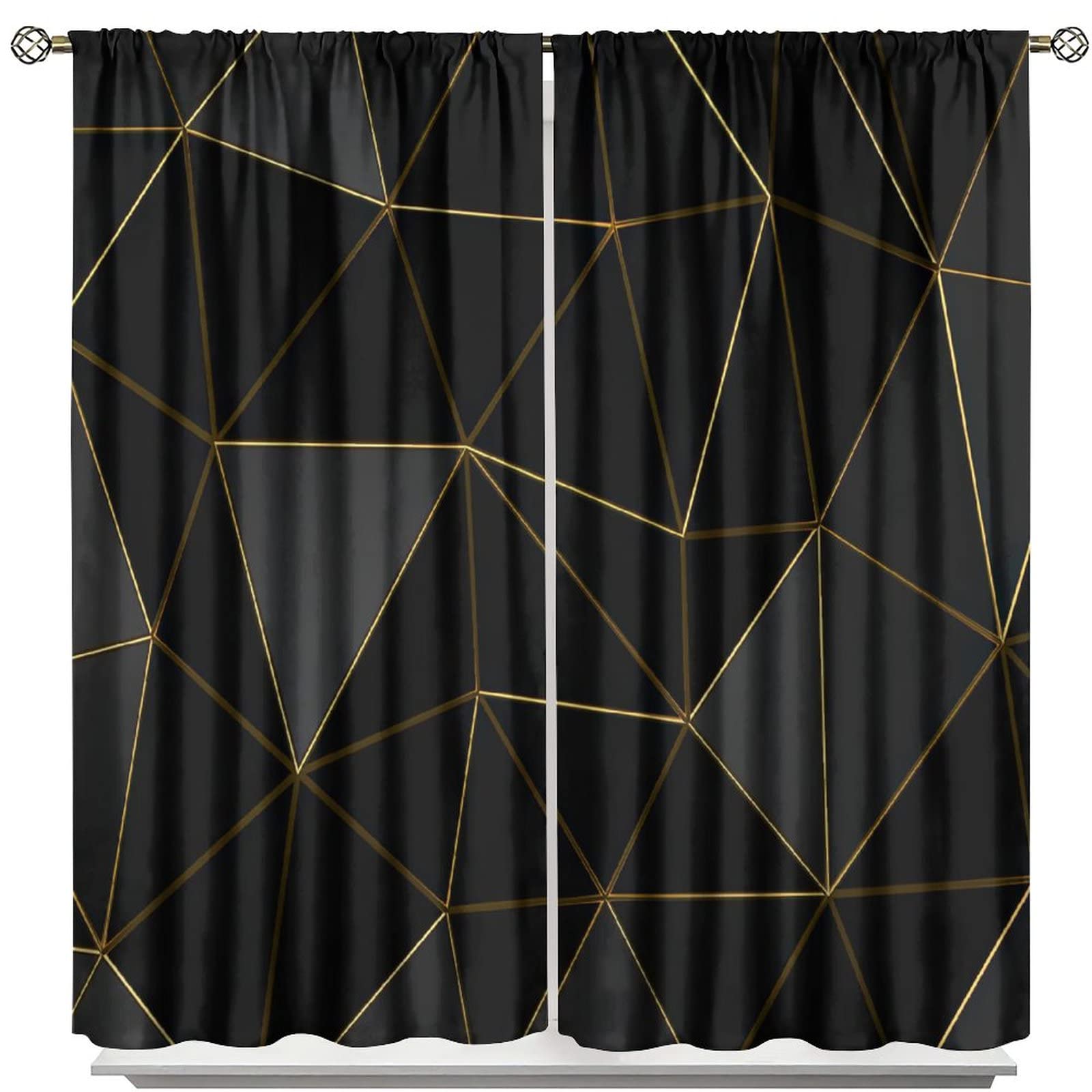 Cortinas opacas negras, abstracto, geométrico, negro, dorado, con bolsillo para cortinero, para sala de estar, dormitorio, comedor, decoración de 63 x 63 pulgadas de largo