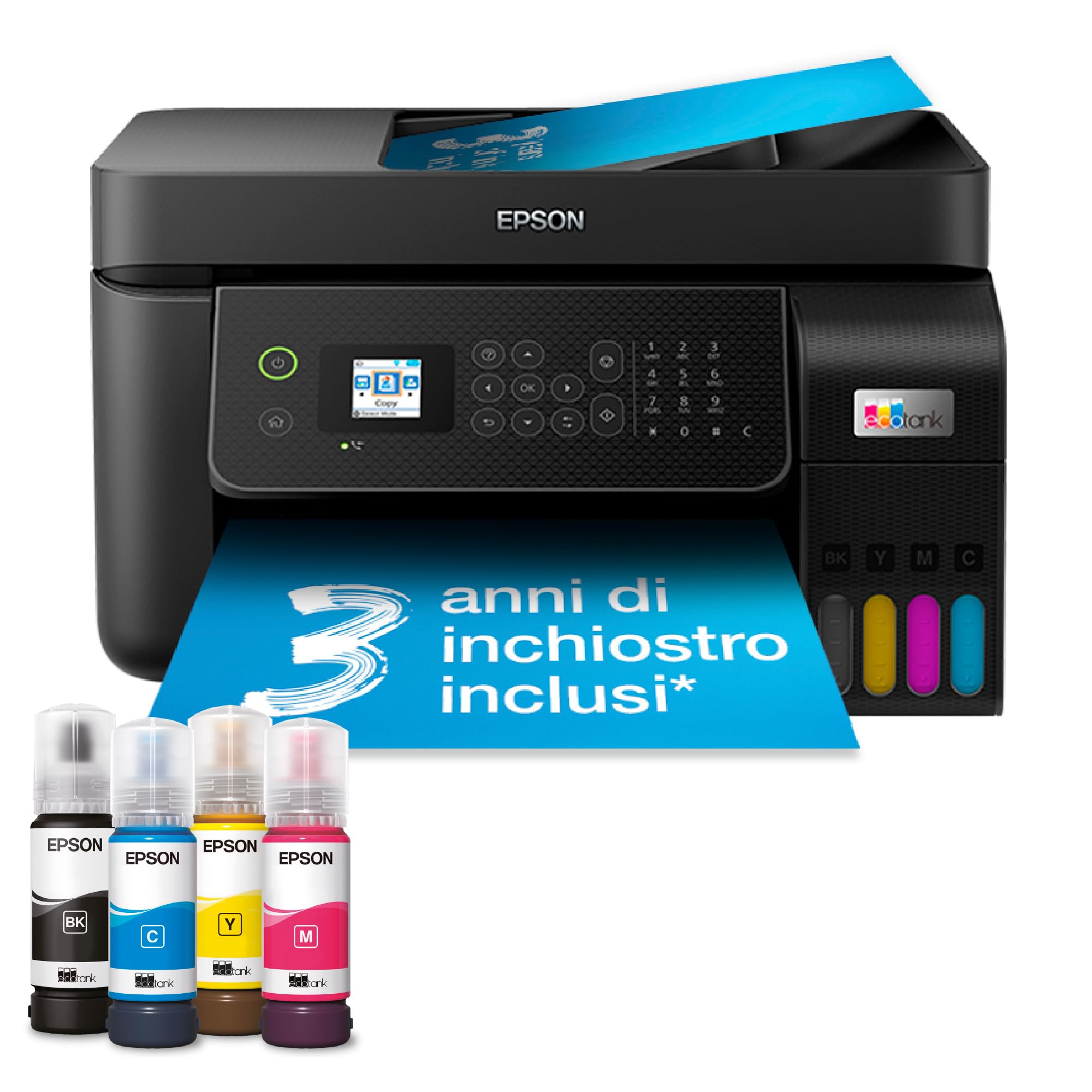 Epson EcoTank ET-​4800 Stampante con Serbatoi D'inchiostro | Casa e Piccolo Ufficio | Wi-​Fi Ed Ethernet | A4 | Stampa, Copia, Scansione, Fax | Display LCD 3.7 cm | ADF | 3 Anni D'Inchiostro Inclusi