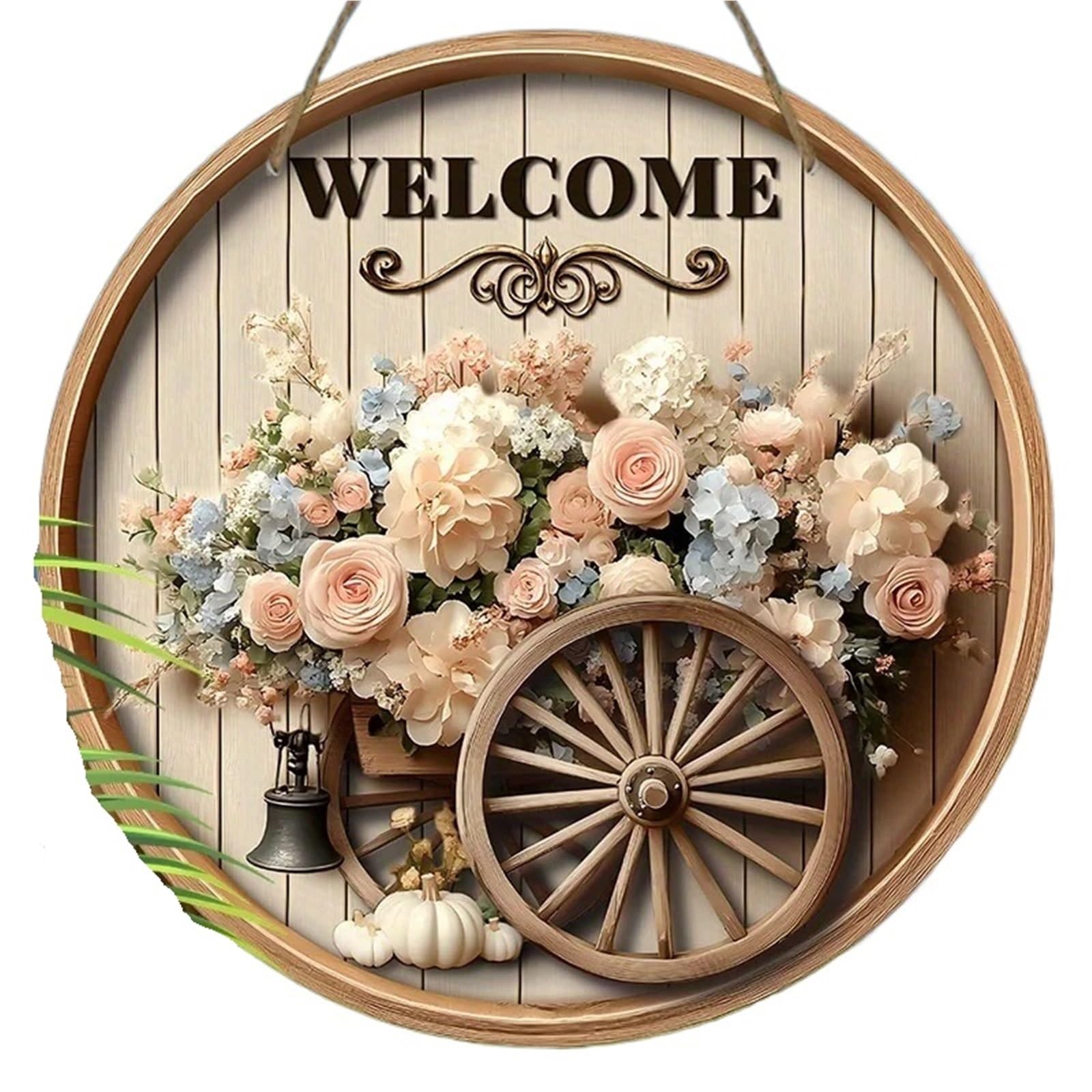 Wooden Welcome Sign 2D Flat, Flower Basket Wooden Sign - 1pc Welcome Literary Round For Door Wall Porch Hanging Decor for home(30X30CM)