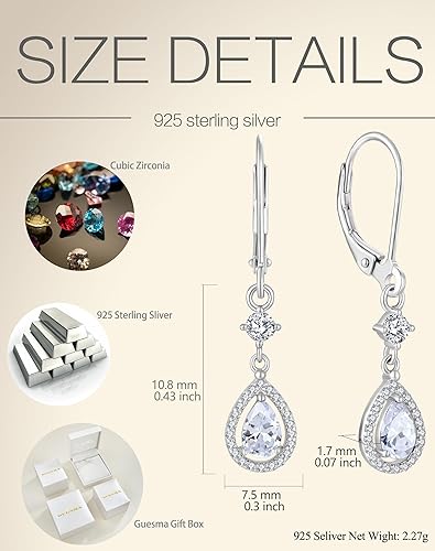 Miniatura 6 de Aretes colgantes de cristal para mujer, aretes Guesma de 0.236 x 0.157 pulgadas, diseño de lágrima, piedra natal creada, plata esterlina 925, aretes