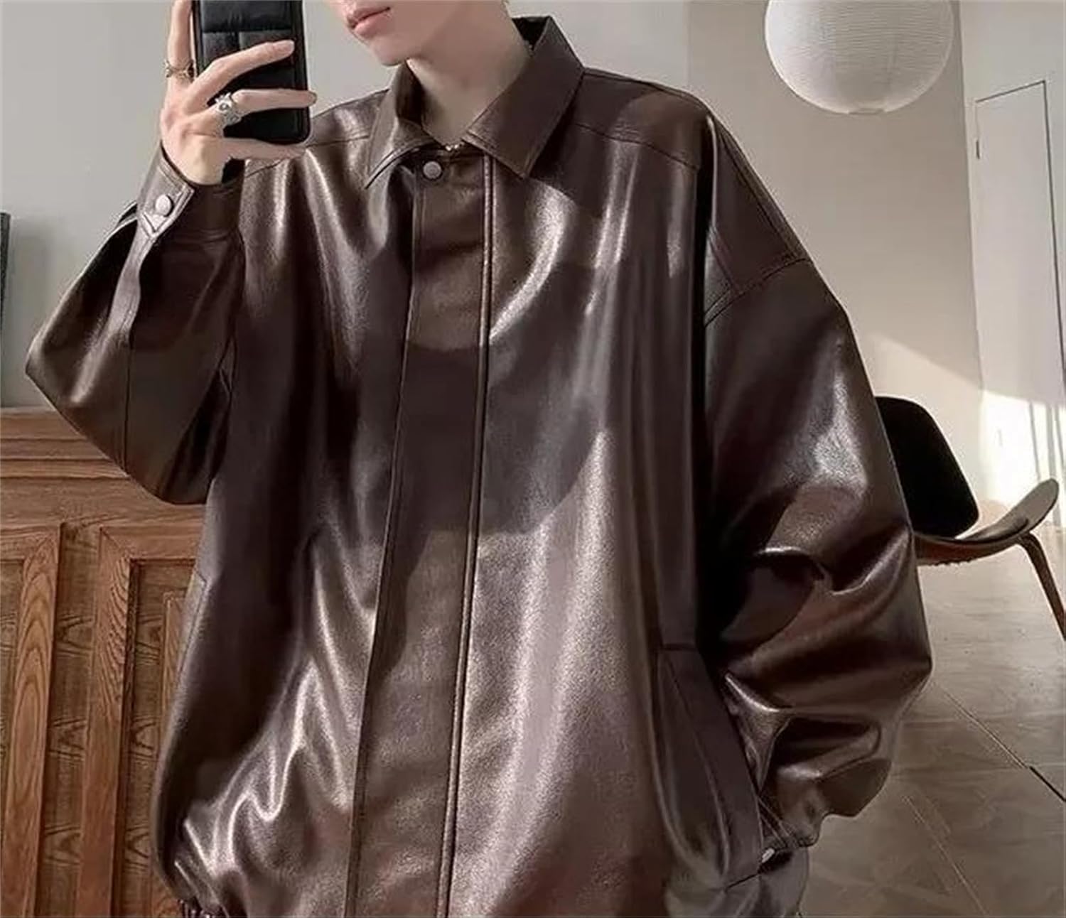Men's Loose Fit Faux Leather Jacket Vintage Casual Fall Winter Coat Lightweight Faux Leather Outwear