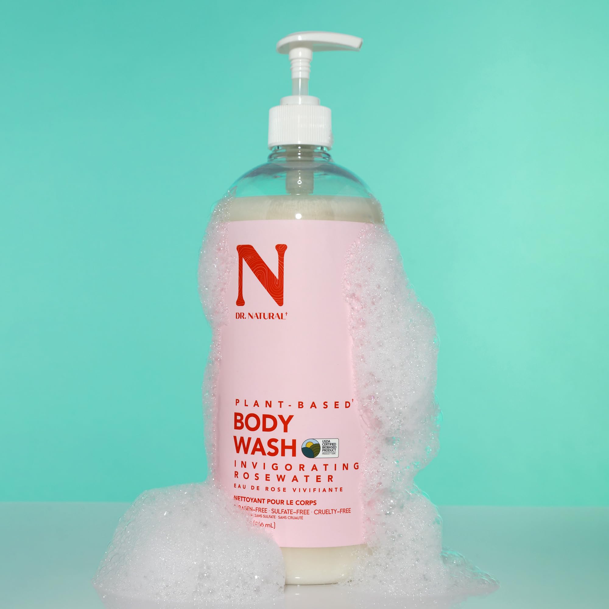 Dr. Natural Ożywczy płyn do mycia ciała z wodą różaną - nawilżający naturalny płyn do mycia ciała z masłem shea i olejem kokosowym - dla rodziny i zwierząt domowych - 946 ml