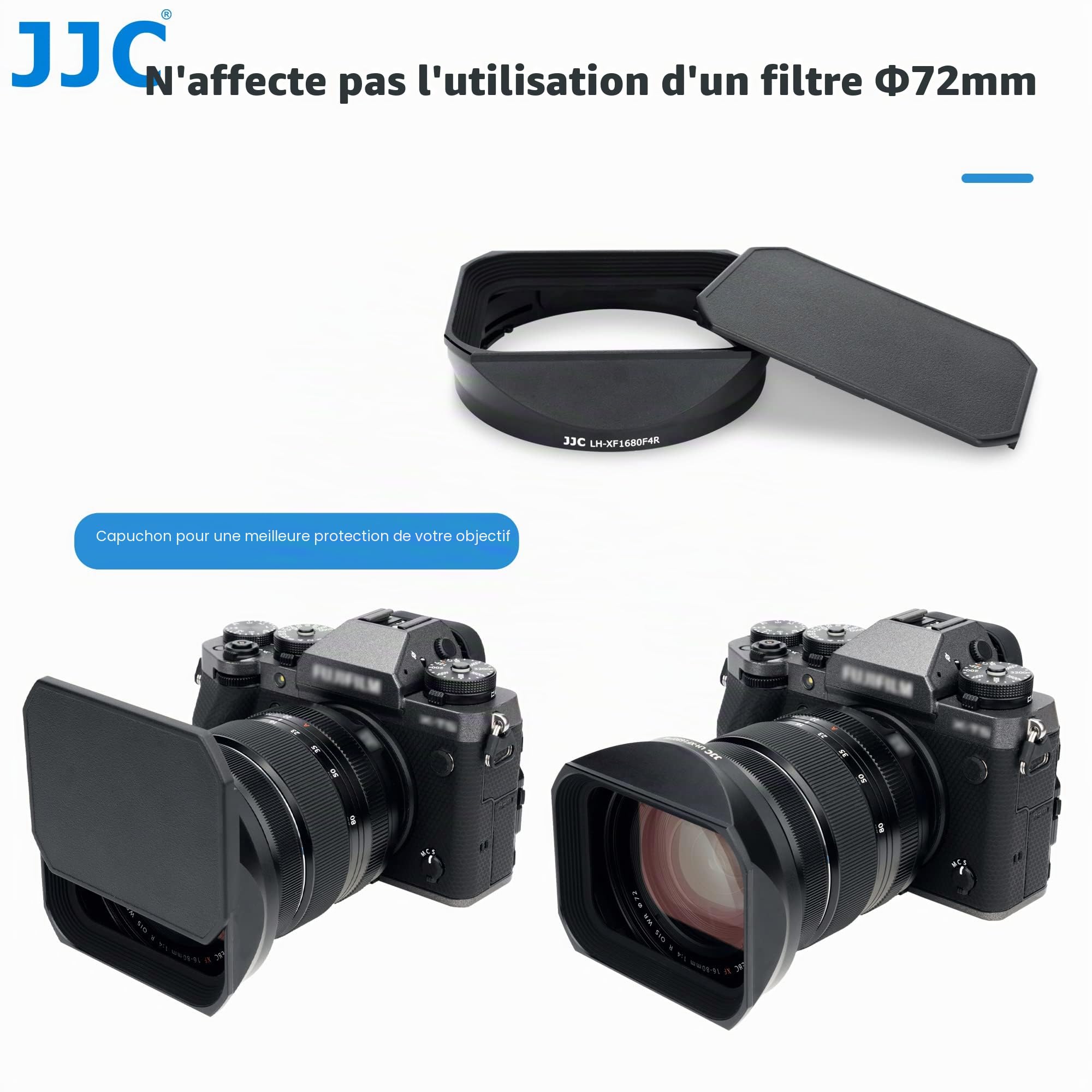 JJC Pare-Soleil carré en métal avec Capuchon Coulissant pour Objectif Fuji. XF 16-80 mm f/4 R OIS WR (Noir)