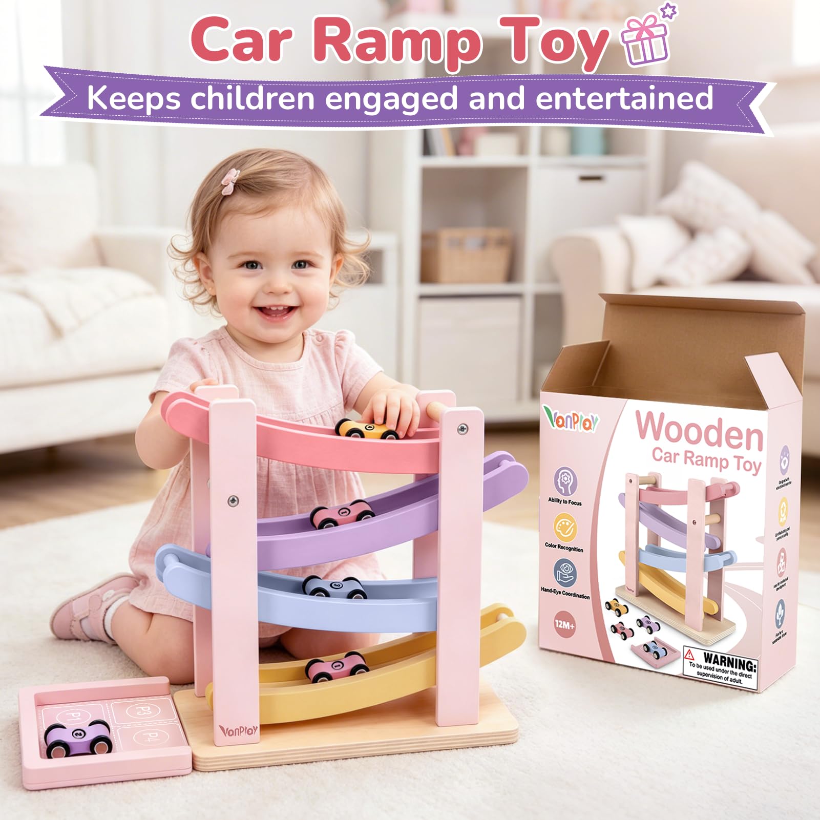 Vanplay Montessori Giocattolo per auto a partire da 1 anno, giocattolo in legno, a partire da 1 a 2 anni, regalo per bambini e bambine (Rosso)