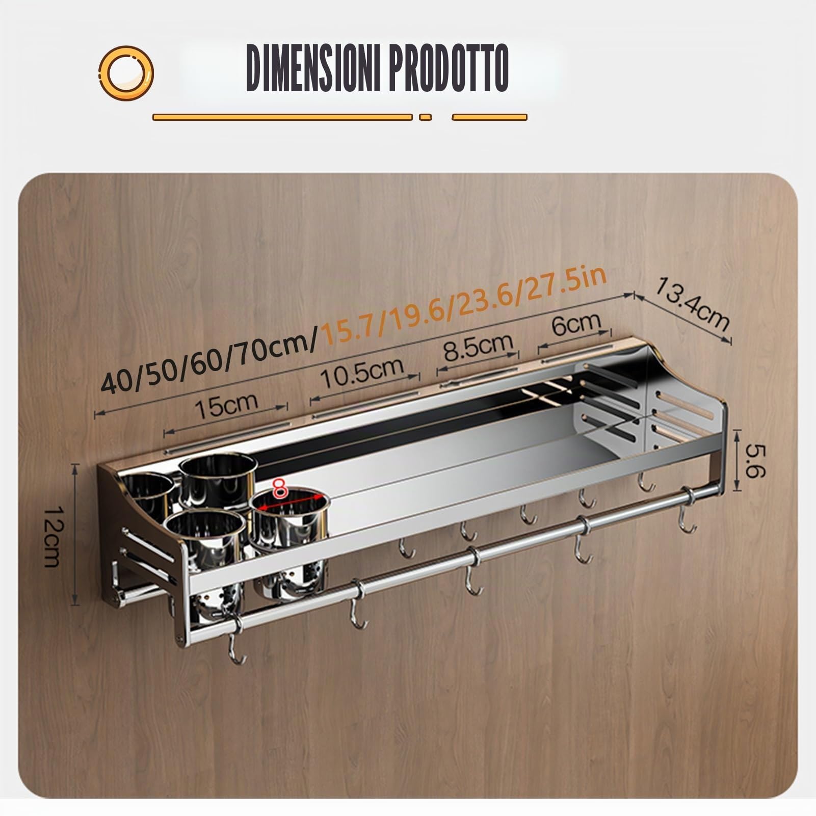 Generico Portacoltelli e portaspezie - Portautensili da Parete in Acciaio Inox 304 con ripiano per spezie per Una Facile organizzazione della Cucina
