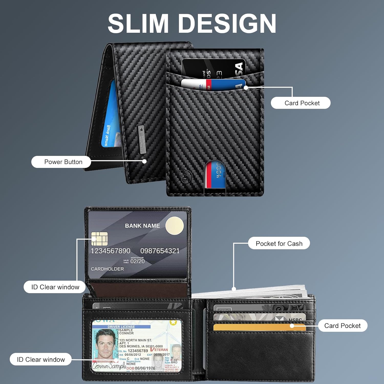 Mens Smart Wallet with Tracker - Rechargeable Item Locator, Compatible with Apple Find My & Bseek (only iOS), Thin Design (Carbon Black & Black)