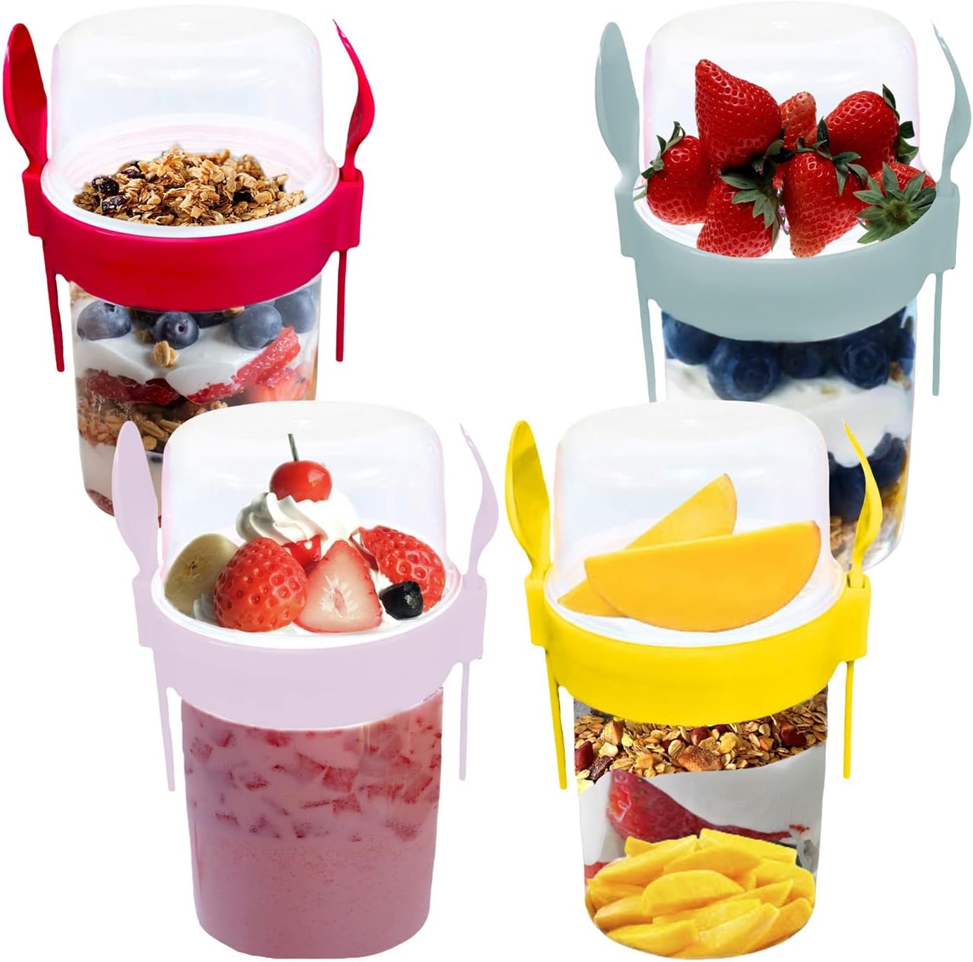 VL 4PCs Yogurt Pots Reusable 650ml Overnight Oats Container with Spoon & Fork BPA free Breakfast Pots to GO Cereal On the Go Dishwasher Safe Lunch Box Oatmeal Jars, Set of 4(Red, Pink, Grey, Yellow)