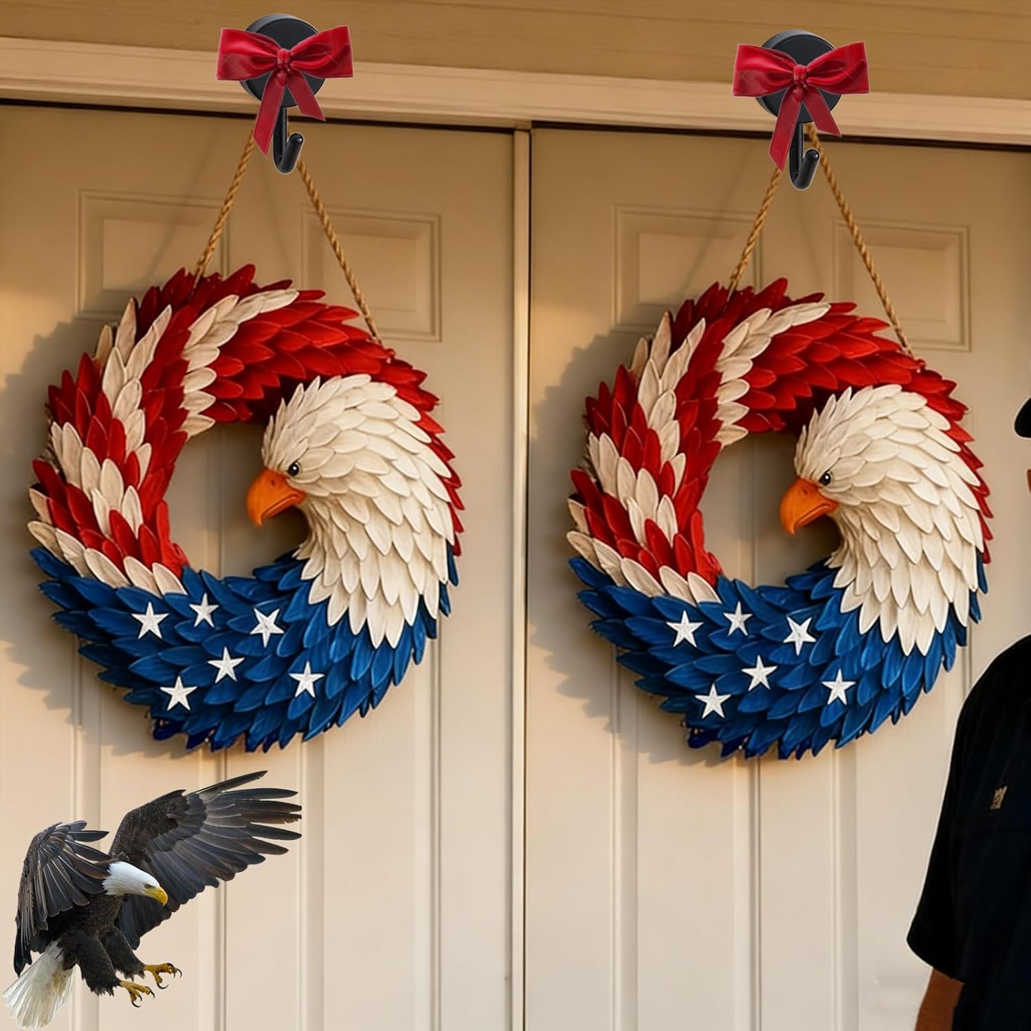 250th Anniversary Eagle Wreath, 2026 USA Memorial Day Patriotic Wreath, 3D Eagle Artificial Wall Decorations, Renewed 4th of July Independence Day for Front Door Outside Home Wall Porch (2pcs, 15in)