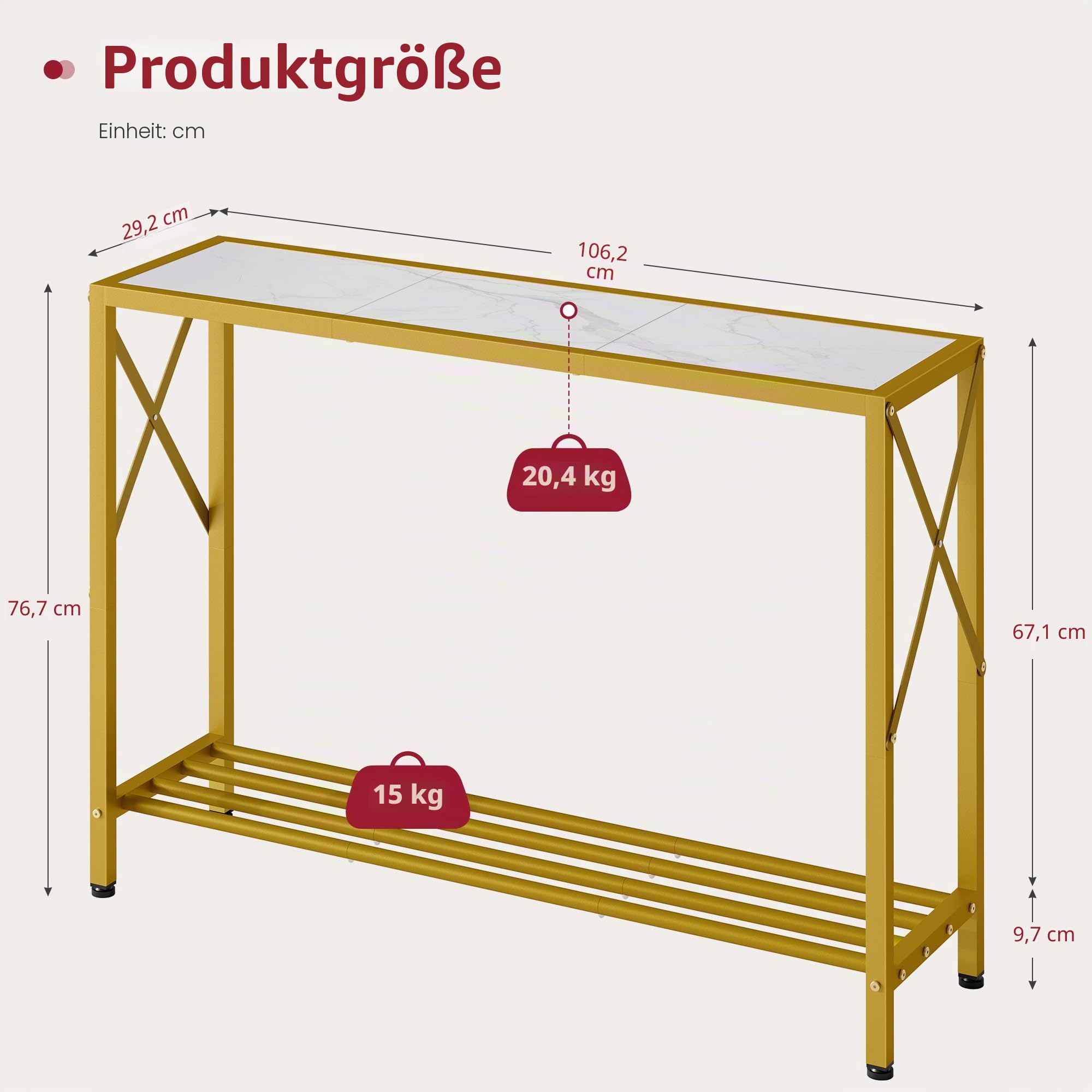 Tajsoon Eingangstisch, 106 cm, 2-stufiger Eingangs Konsolentisch, Schmaler Sofatisch mit Ablagen, Ideal für Flur, Eingangsbereich, Wohnzimmer, Foyer, Korridor und Büro, Gold und Weiß